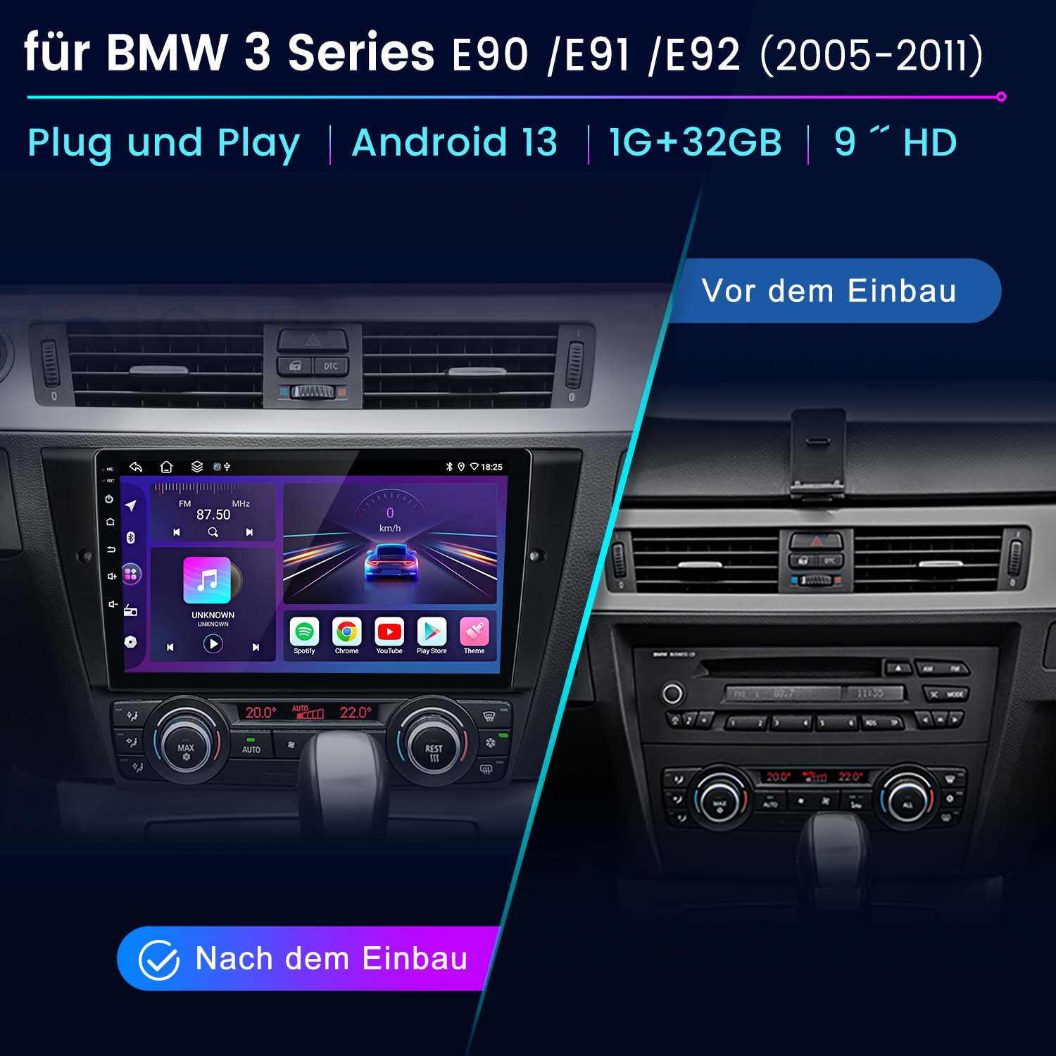 Armaturenbrett vor und nach der Installation eines neuen Android-Systems mit Touchscreen.