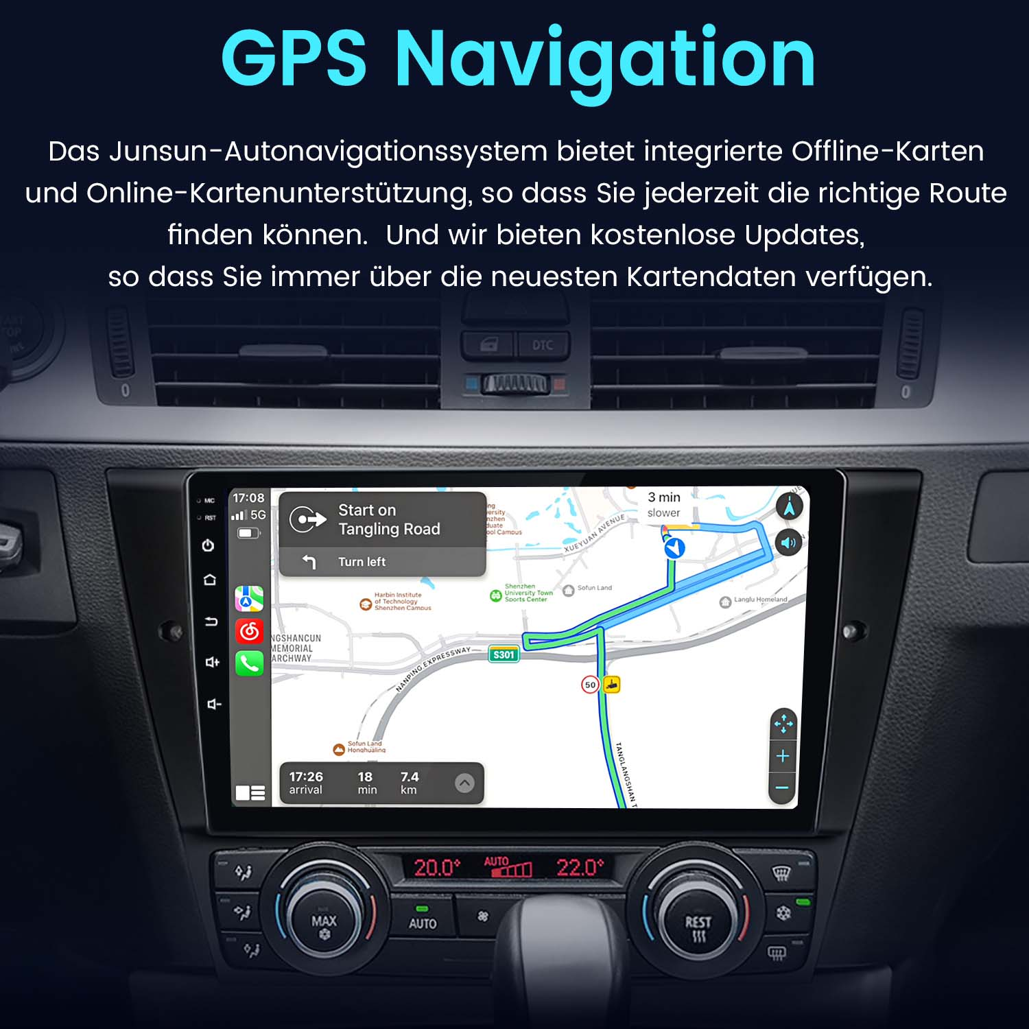 Armaturenbrett mit GPS-Navigationsbildschirm, der eine Karte und Fahrzeugbedienelemente anzeigt.