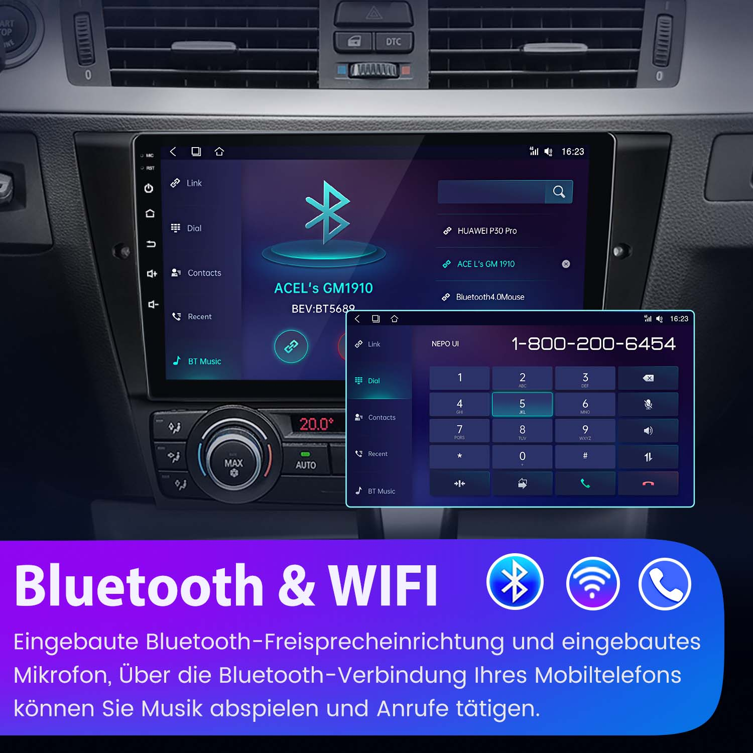 Ein Auto-Multimedia-System, das eine Telefonschnittstelle und eine Wähltastatur anzeigt. Bluetooth & WIFI Text wird angezeigt.