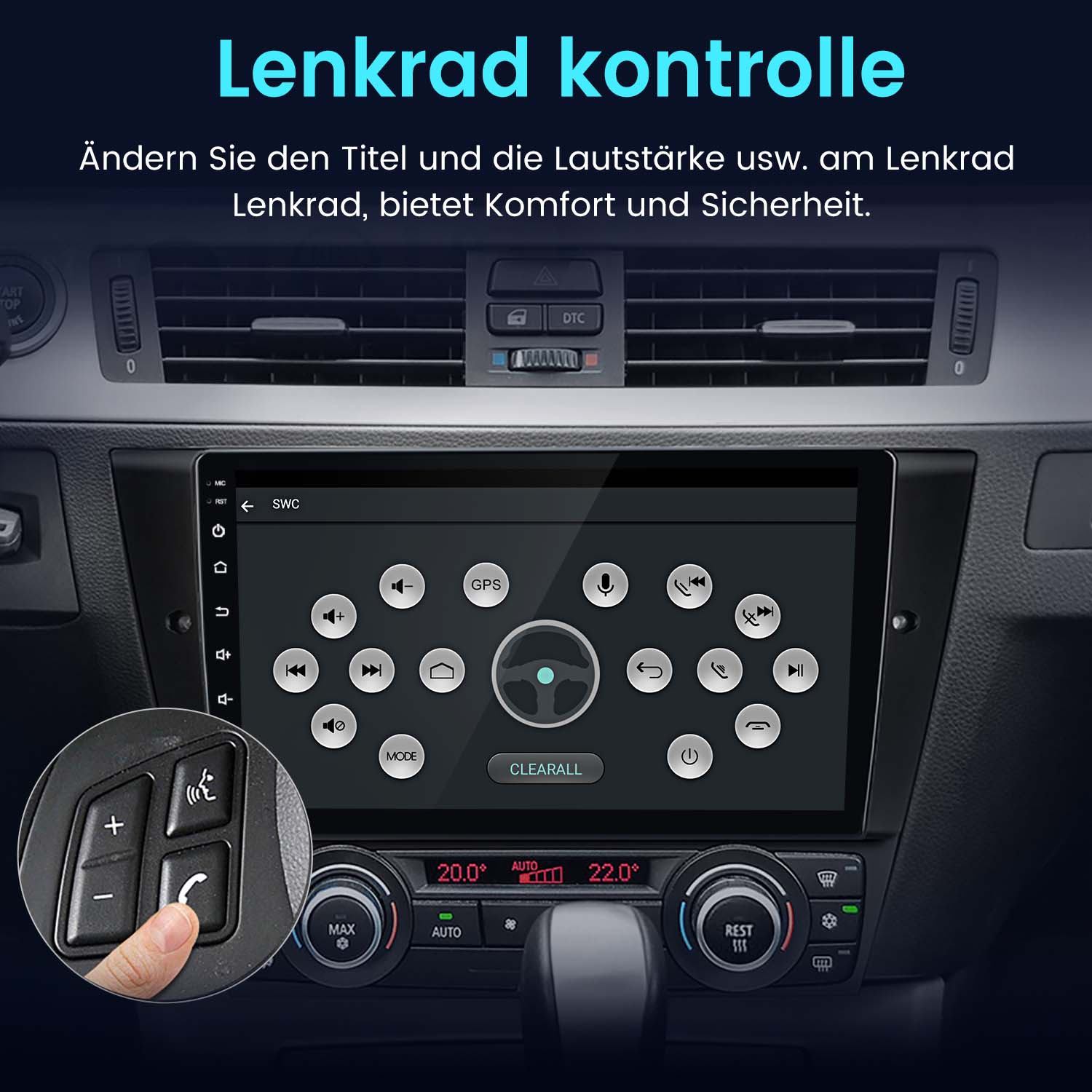 Auto-Armaturenbrett mit Bildschirm, der eine Schnittstelle zeigt. Knöpfe und Lüfter sichtbar.