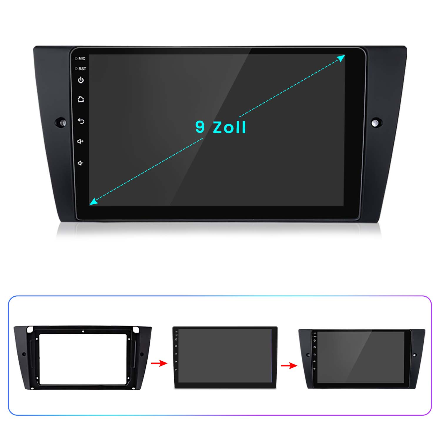 Ein Autoradio mit Touchscreen. Der Bildschirm zeigt einen schwarzen Hintergrund mit 9 Zoll Diagonale.