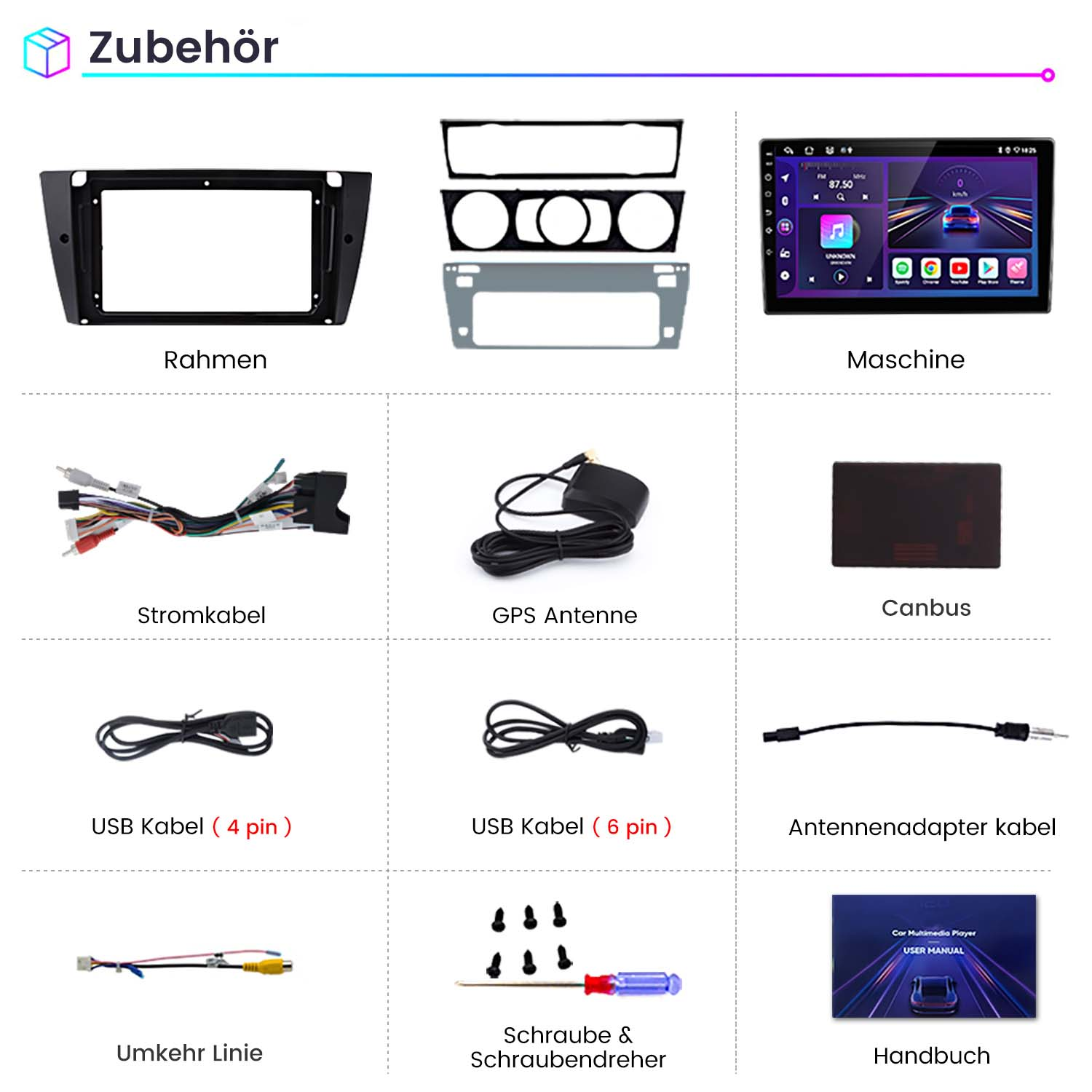 Verschiedene Komponenten eines Auto-Audiosystems, einschließlich Rahmen, Kabel und einer Bedienungsanleitung.