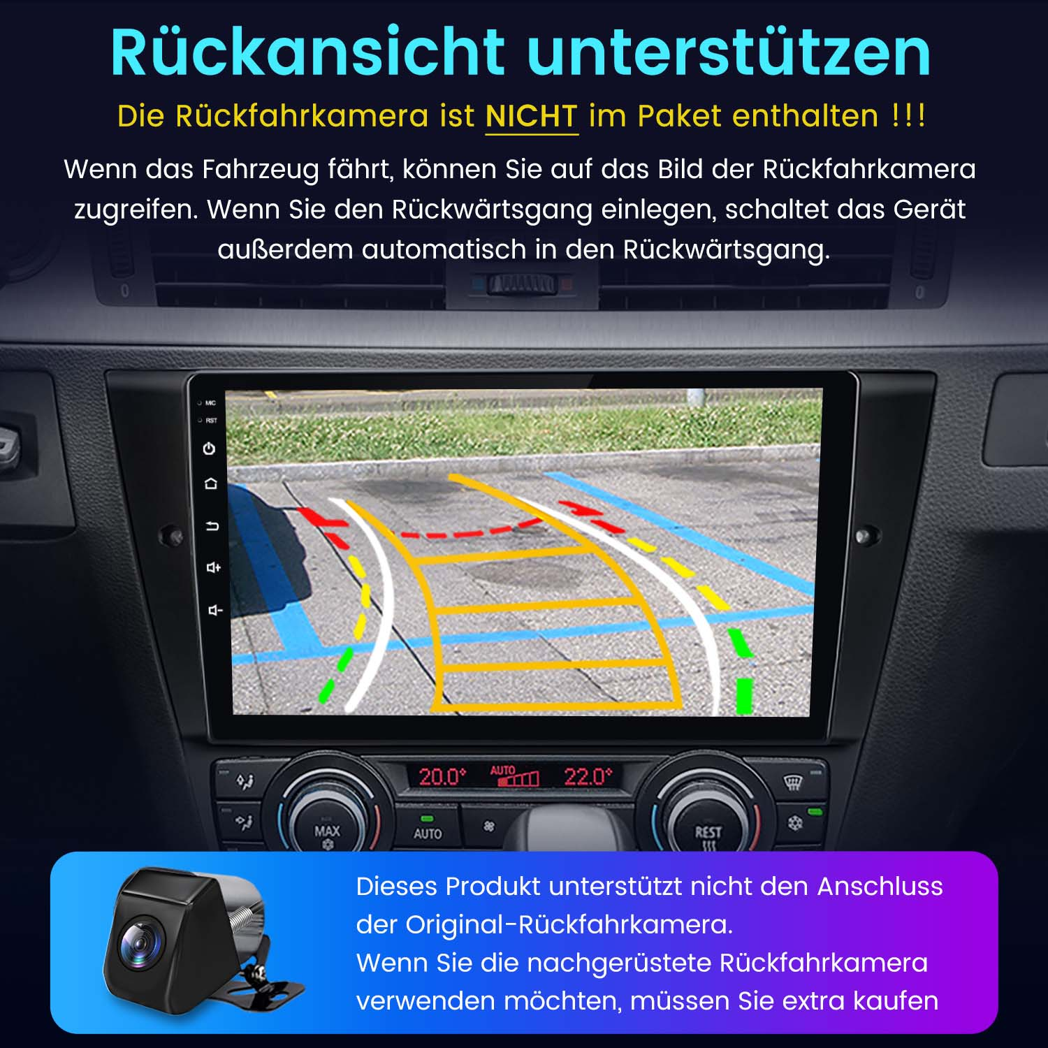 Auto-Display mit Rückfahrkamerabild. Text auf Deutsch. Schwarzes Armaturenbrett.