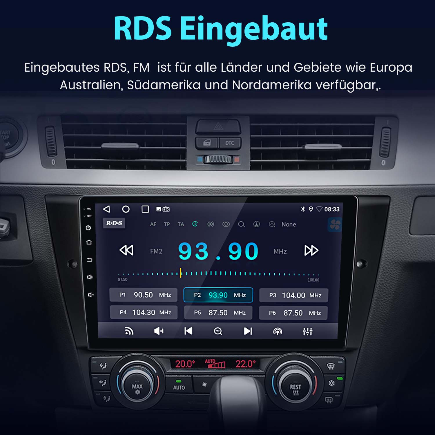 Ein Autoradio-Bildschirm, der FM-Radioinformationen und Tasten anzeigt, eingebaut in ein Armaturenbrett.