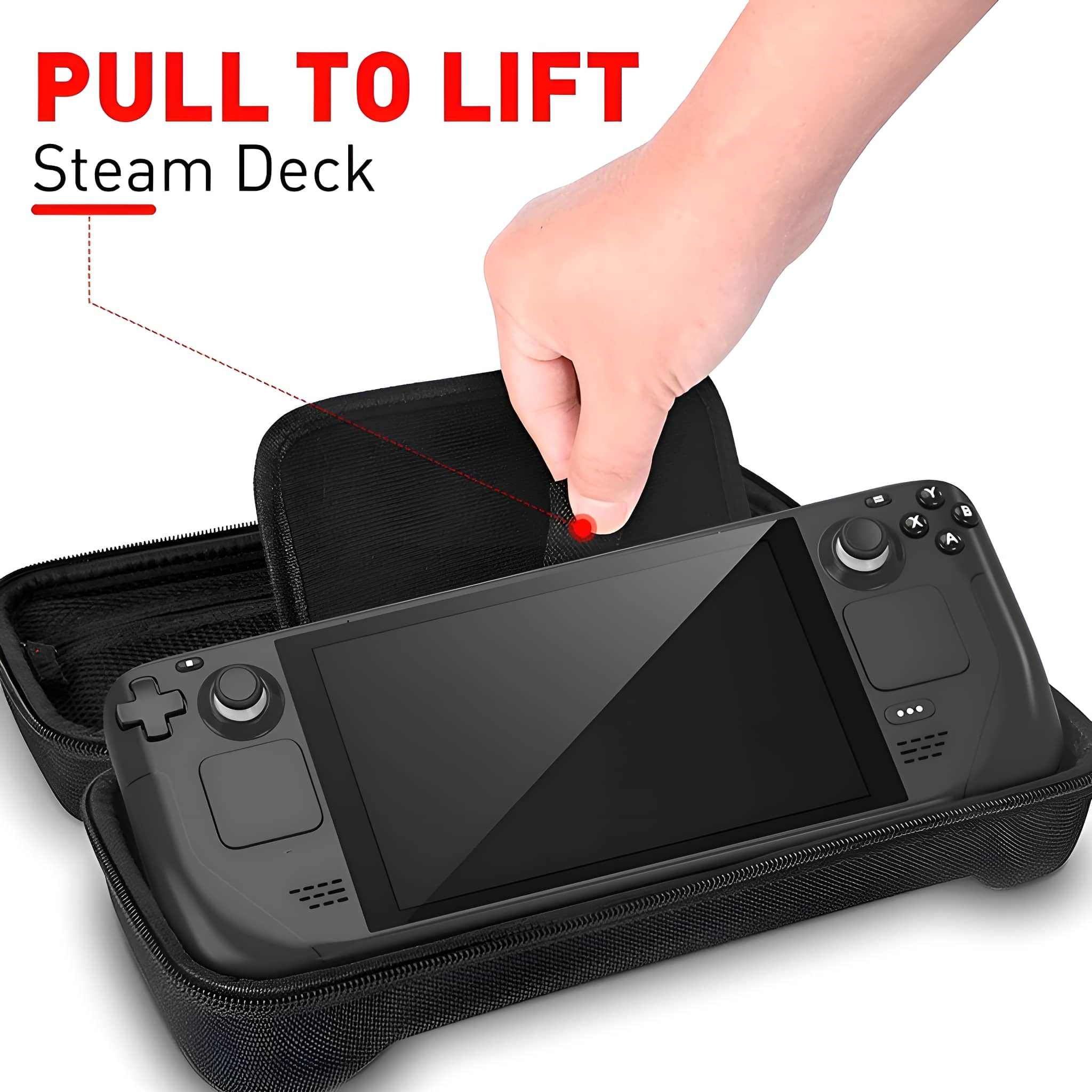 Hand hebt Steam Deck aus schwarzem Koffer. Text: PULL TO LIFT. Das Deck ist schwarz, der Bildschirm sichtbar.