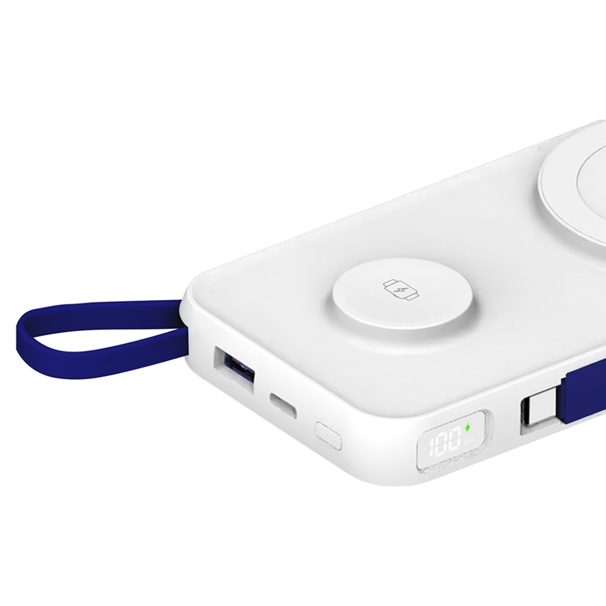 Zbliżenie białego power banku. Ma dwa okręgi ładowania i niebieski pasek.