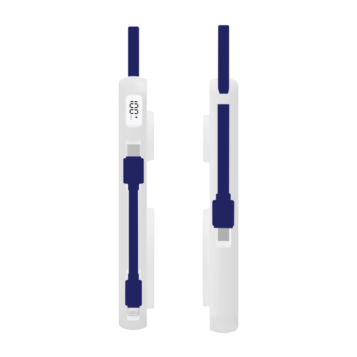 Dwa białe kable ładujące obok siebie. Mają niebieskie złącze i biały korpus.