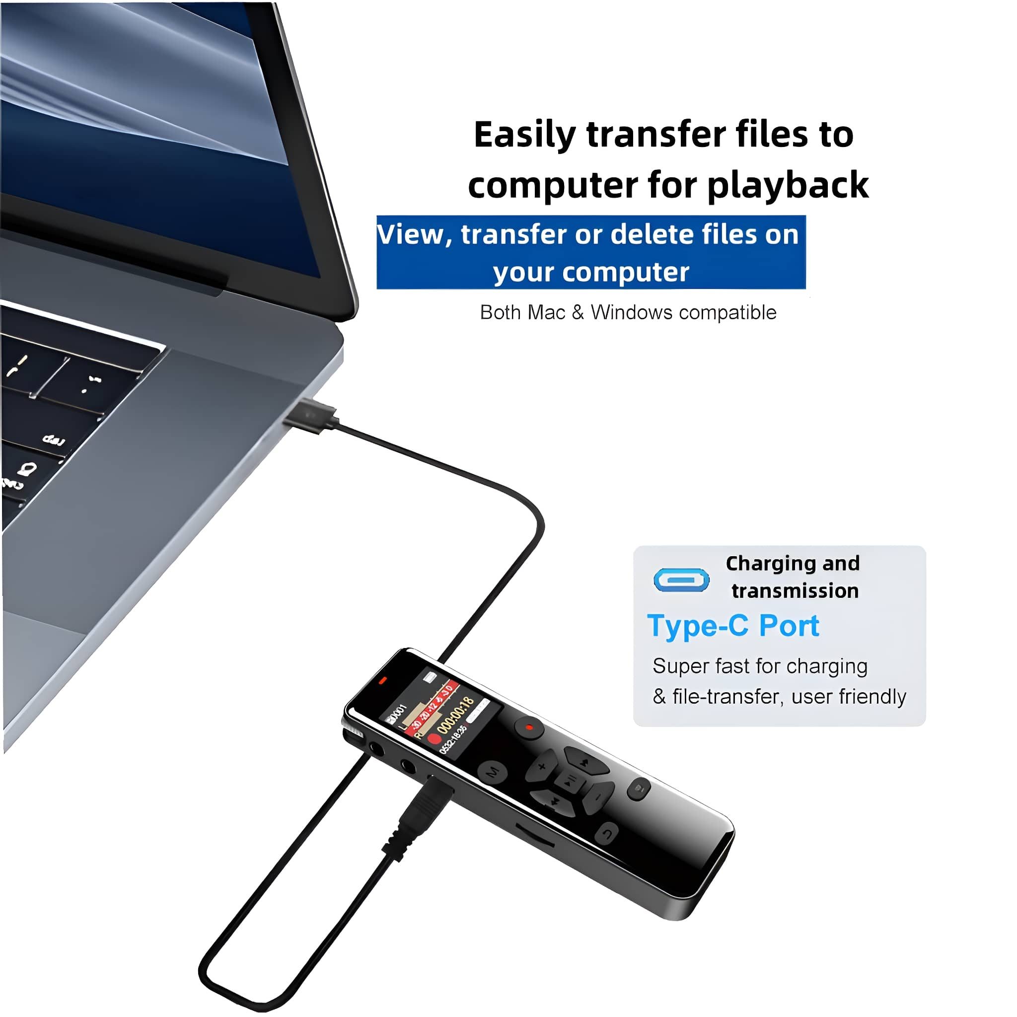 Ein Rekorder, der per USB mit einem Laptop verbunden ist. Text: 'Dateien ansehen, übertragen oder löschen'.