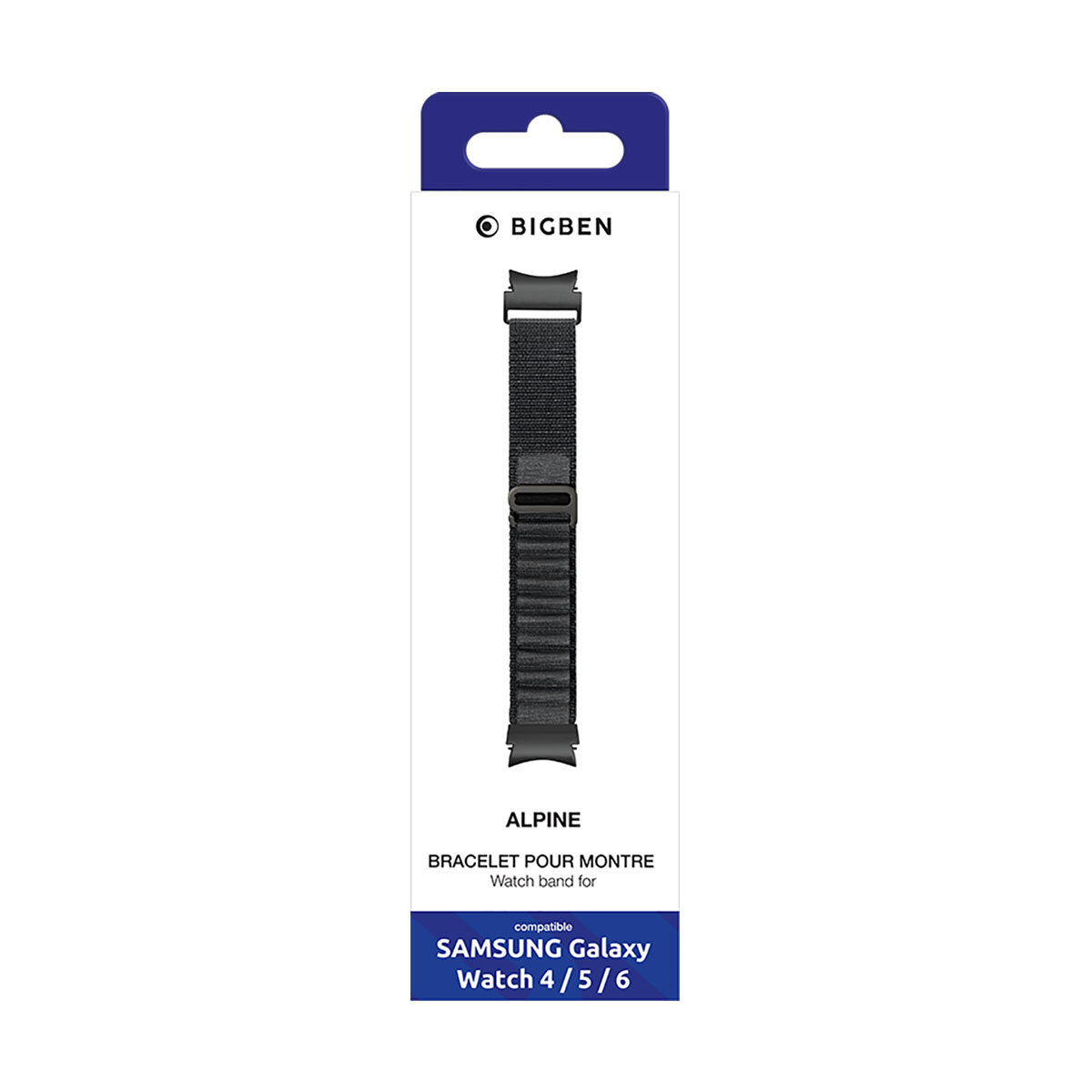 Embalaje de correa de reloj con el logotipo 'BIGBEN' y el texto 'ALPINE', compatible con Samsung Galaxy Watch.