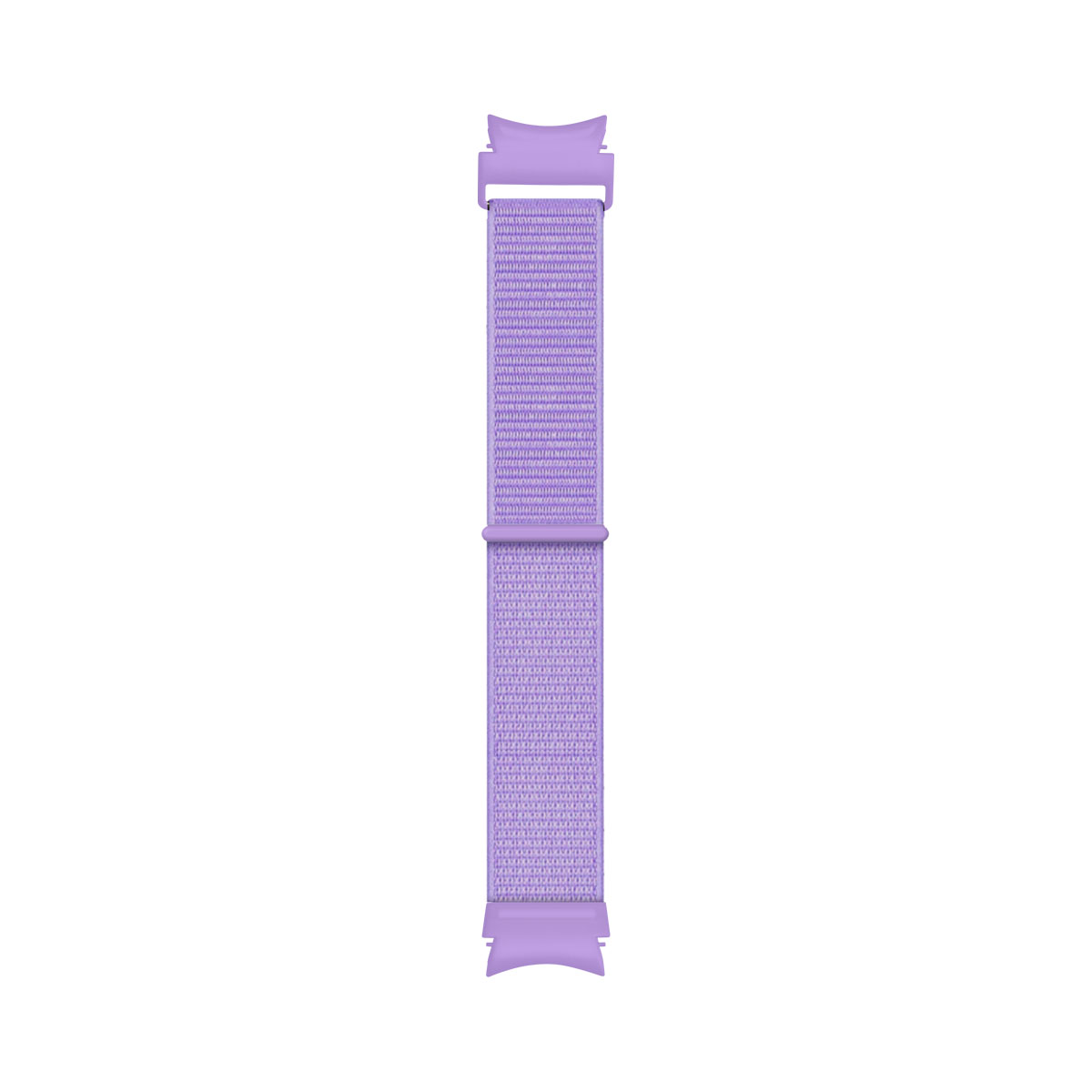Cinturino viola chiaro. È dritto e ha una trama tessuta con estremità in plastica.