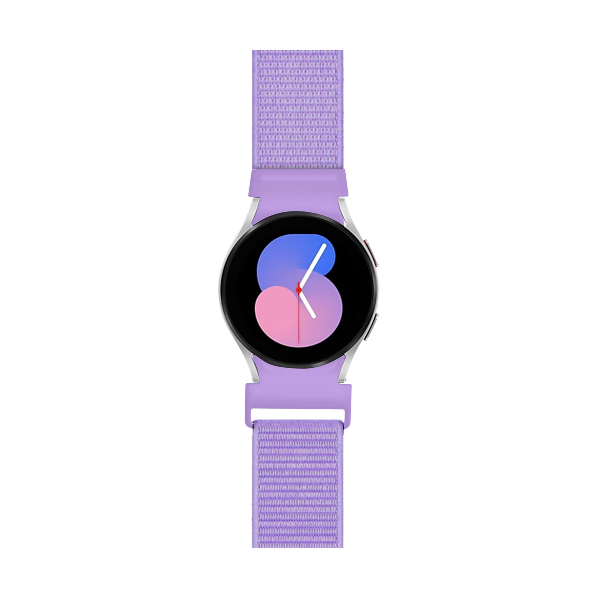 Smartwatch viola con cinturino abbinato. Lo schermo mostra un quadrante con un design rosa e blu.