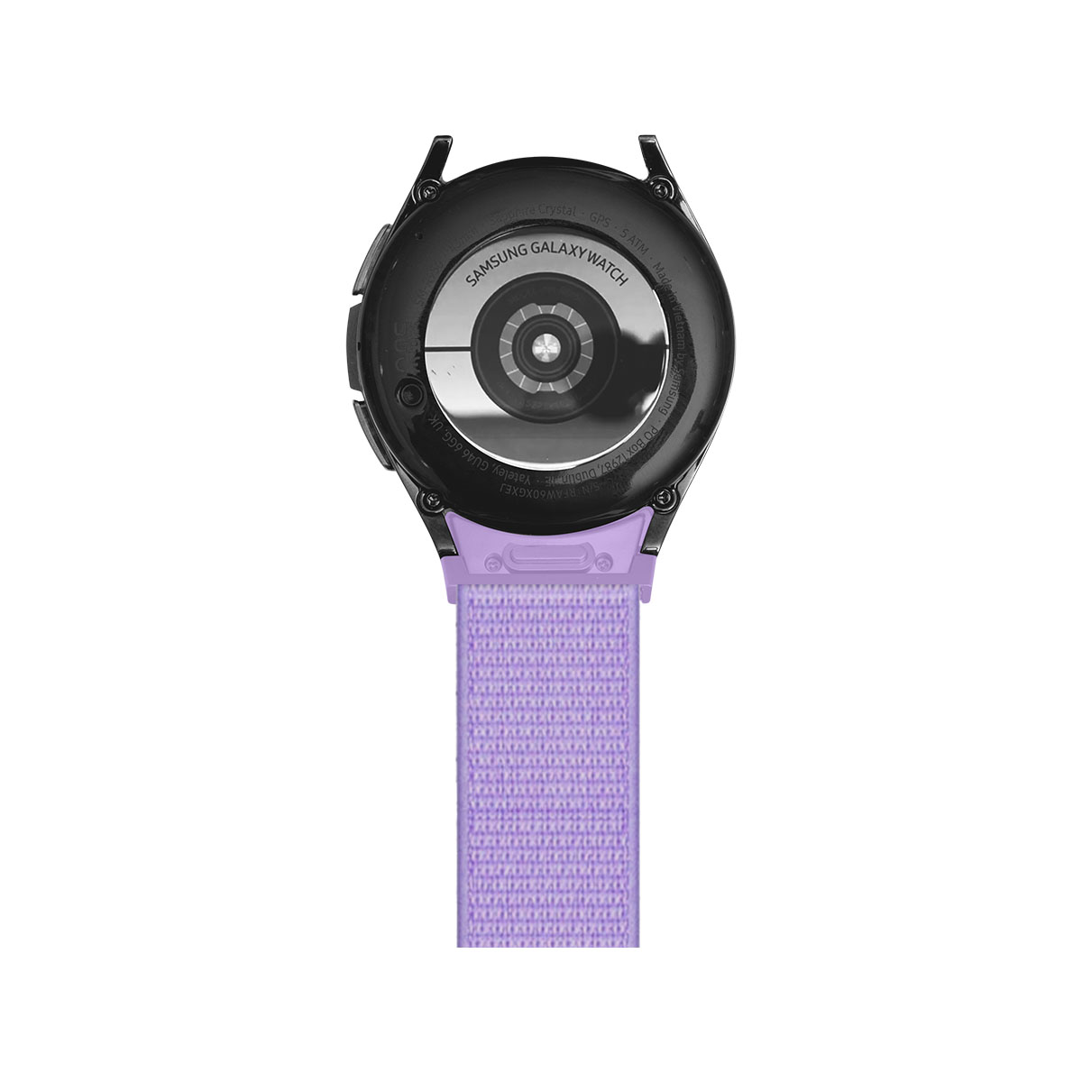 Retro dell'orologio Samsung Galaxy nero con cinturino viola.