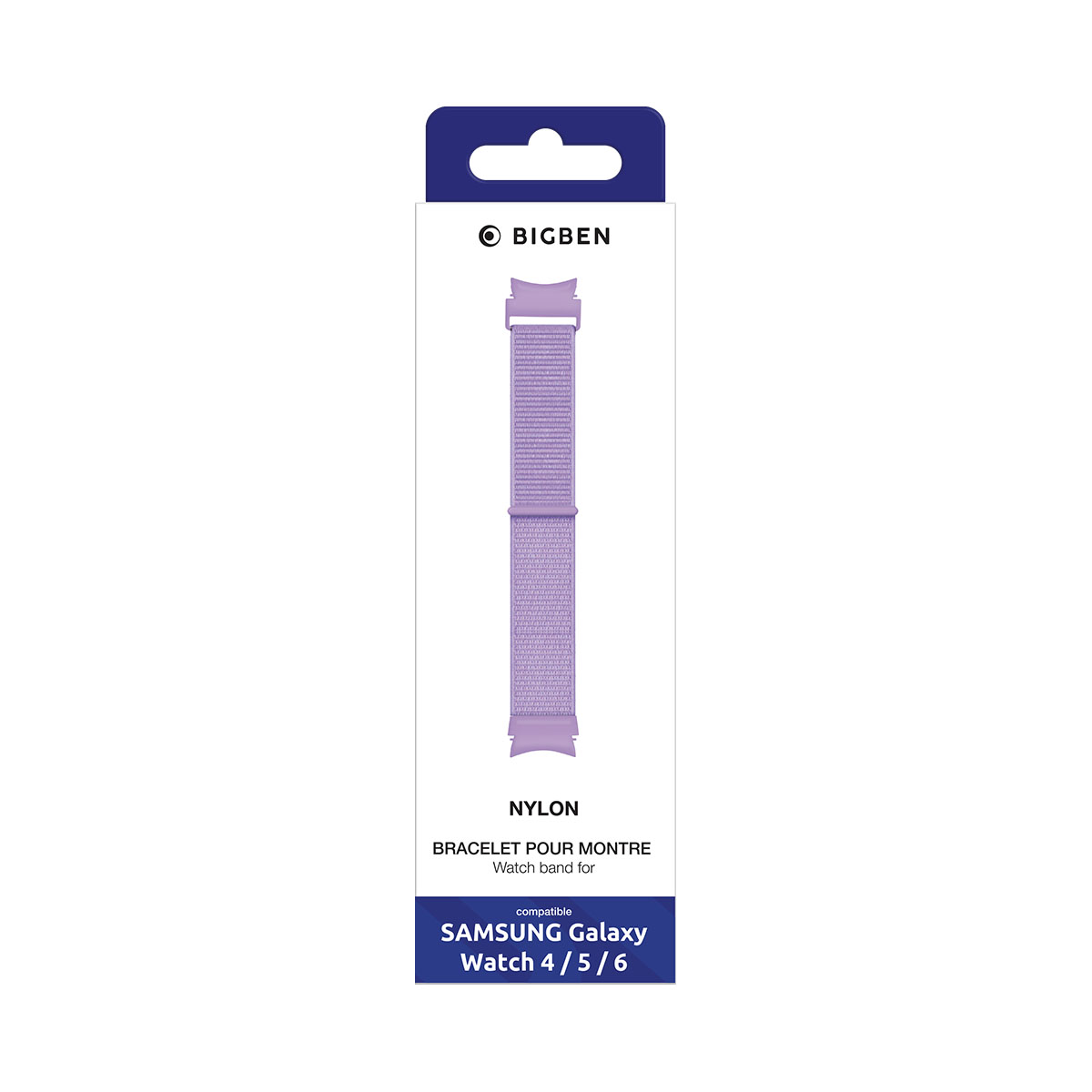 Un cinturino per orologio in nylon viola in una confezione, con il marchio Bigben e l'etichetta Samsung Galaxy.