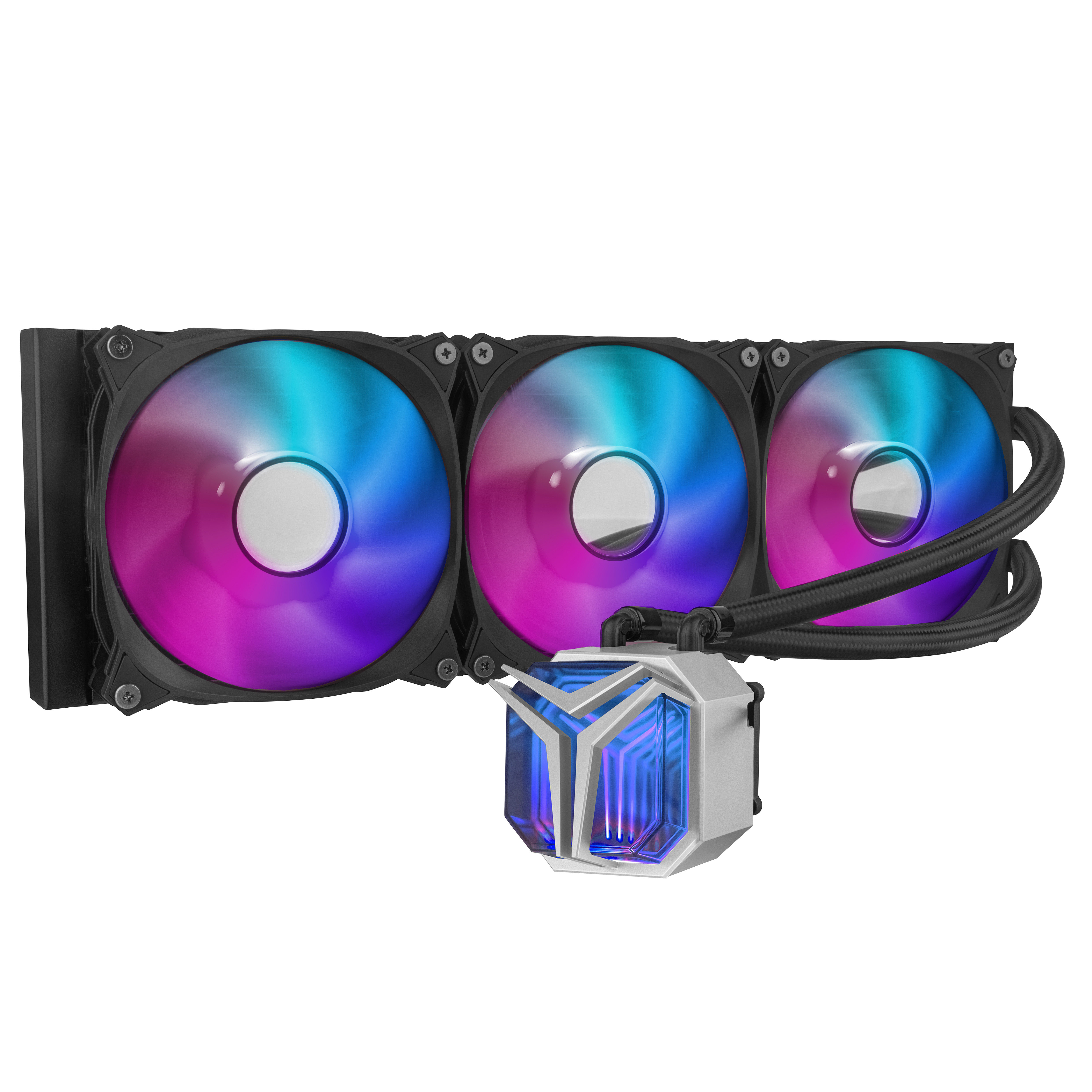 Un refrigerador líquido para computadora con tres ventiladores y un bloque de enfriamiento. Los ventiladores tienen luces multicolores.