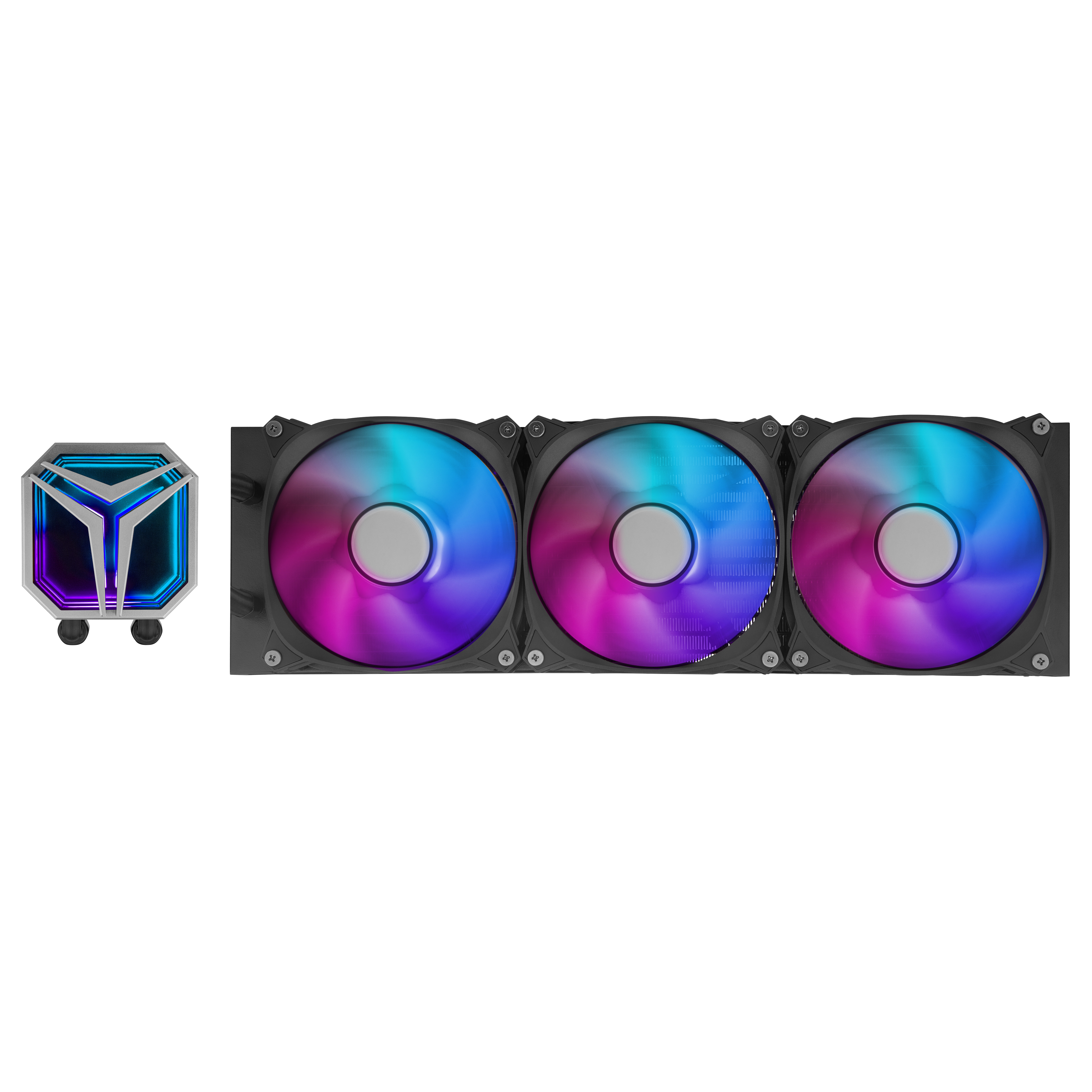 Sistema de refrigeración para ordenador con tres ventiladores y bloque de agua, luces LED.