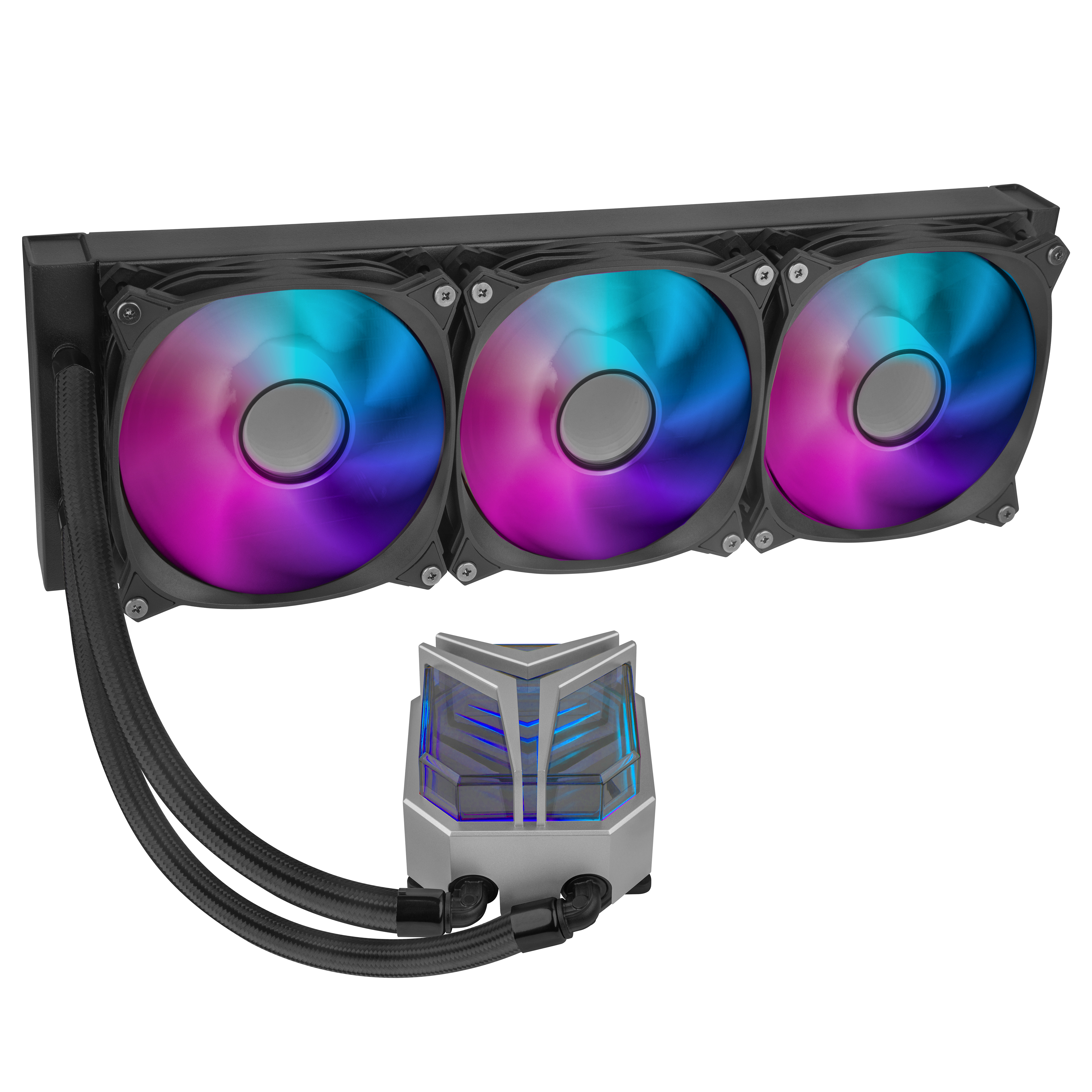 Enfriador de PC con tres ventiladores. Marco negro y ventiladores coloridos. Fondo blanco.