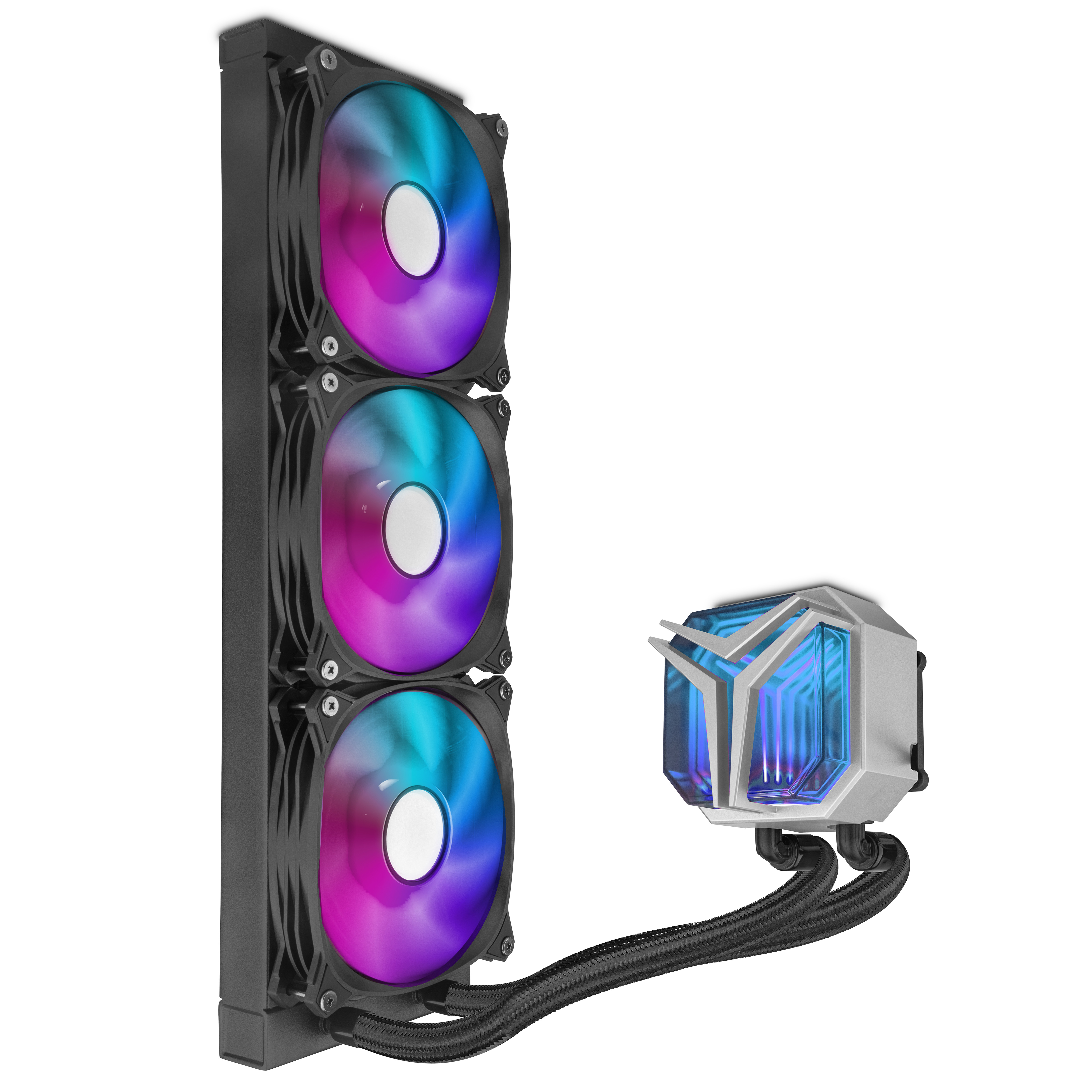 Sistema de refrigeración de computadora con tres ventiladores y un bloque de agua, fondo blanco.