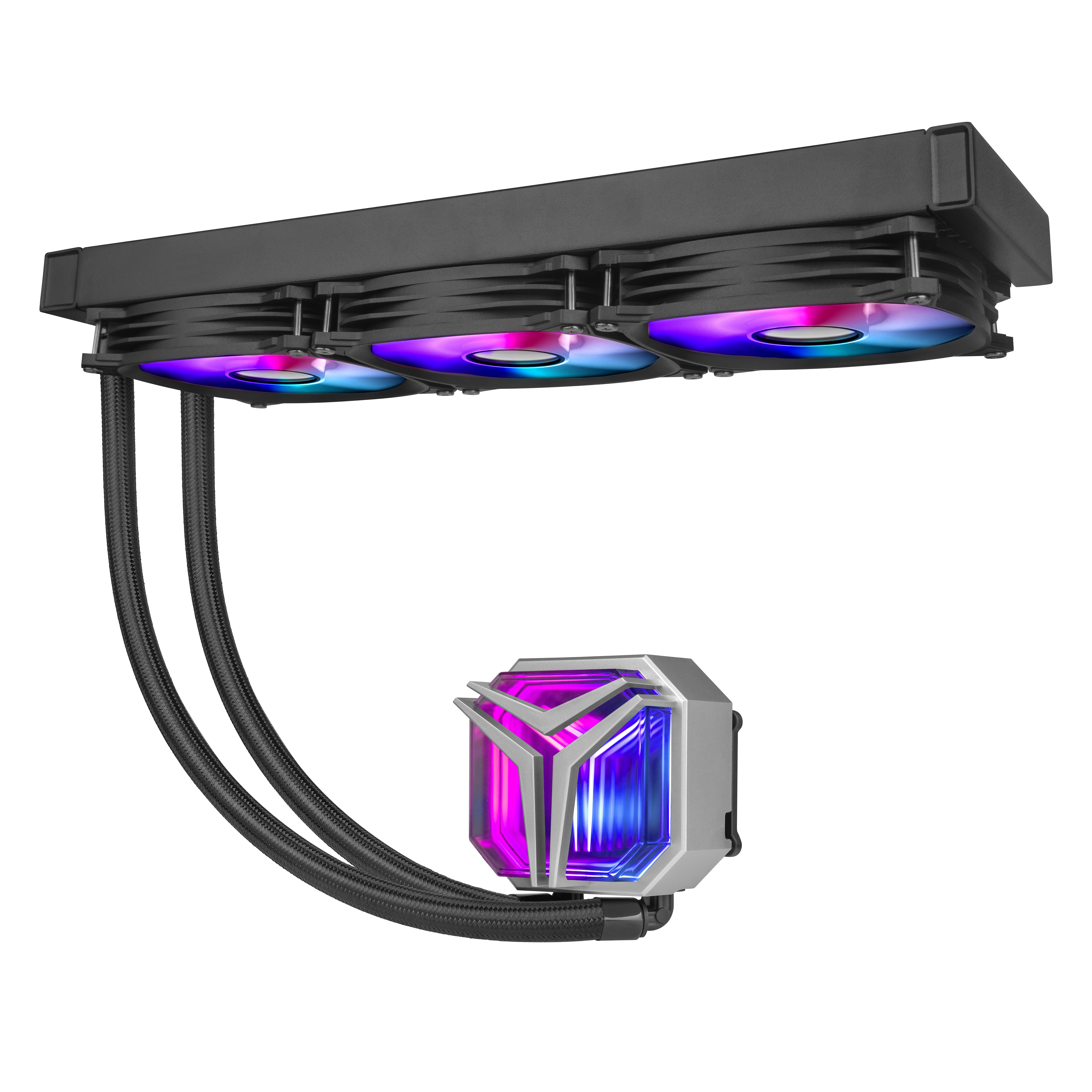 Enfriador líquido para una computadora. Tiene tres ventiladores con luces coloridas y un bloque de enfriamiento con iluminación RGB.