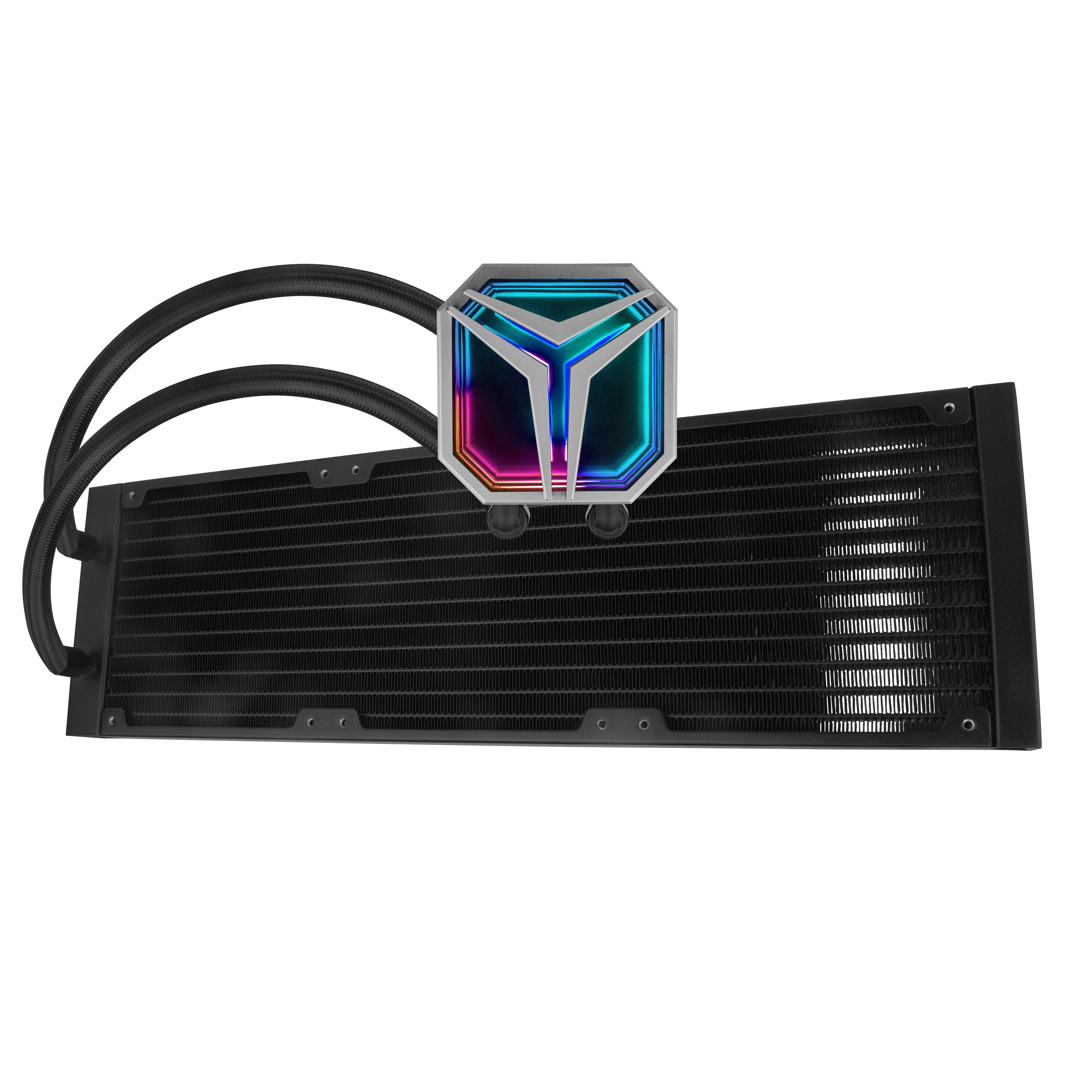 Un refrigerador líquido para computadora con un componente central colorido y tubos negros.