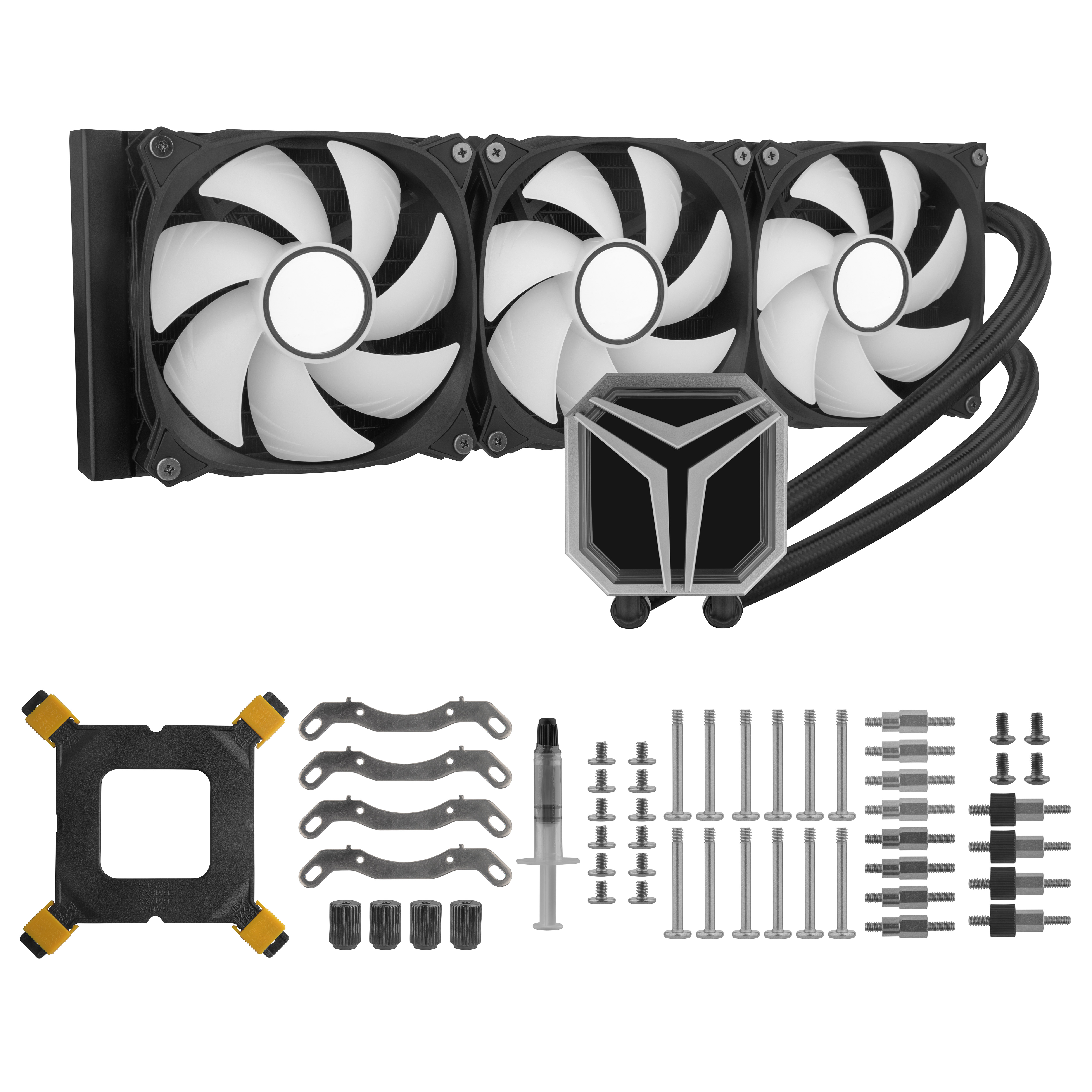 Sistema de refrigeración de computadora con tres ventiladores blancos, una bomba y varios accesorios de montaje.