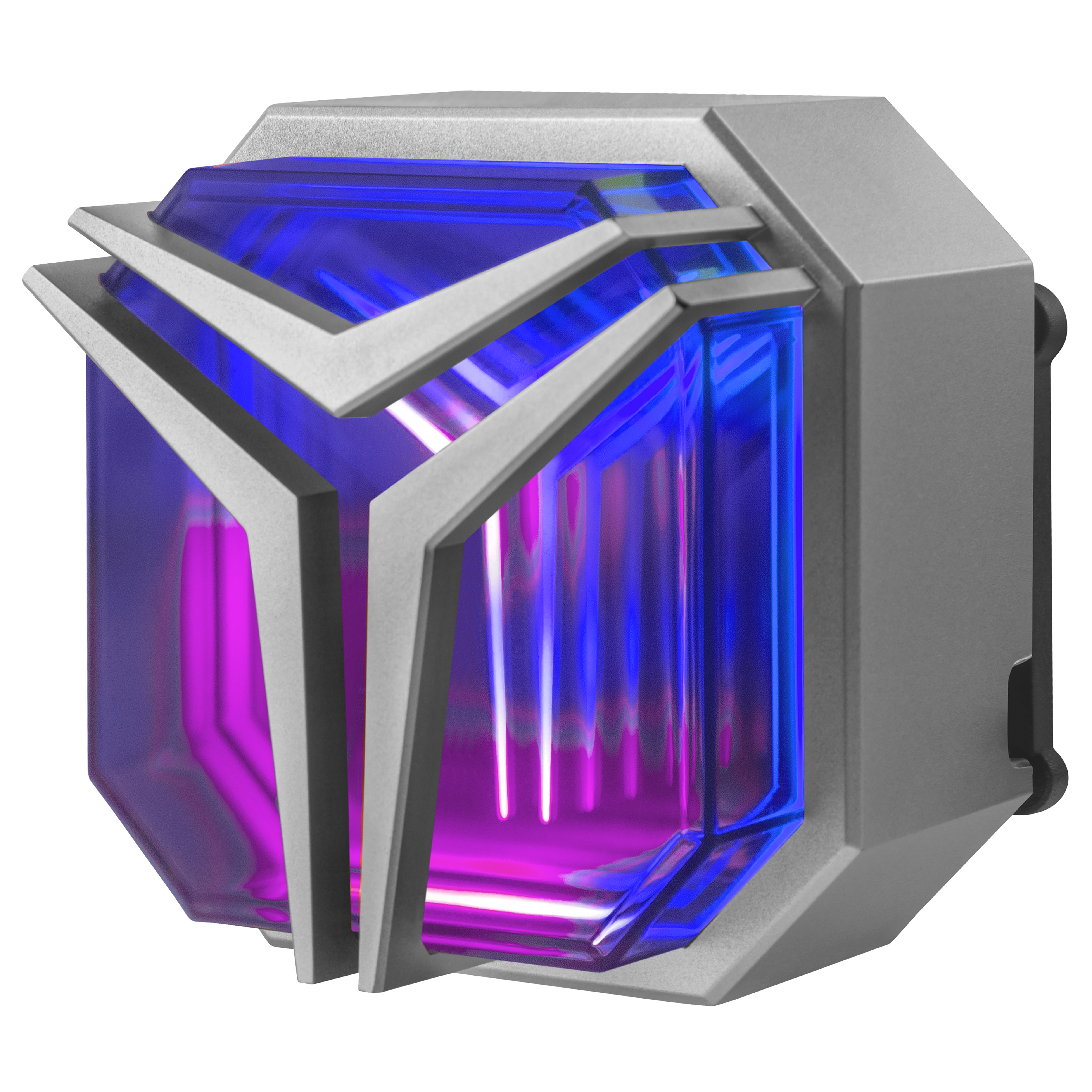 Luz RGB gris, de forma geométrica, con luz azul y morada brillando a través de una cubierta transparente.