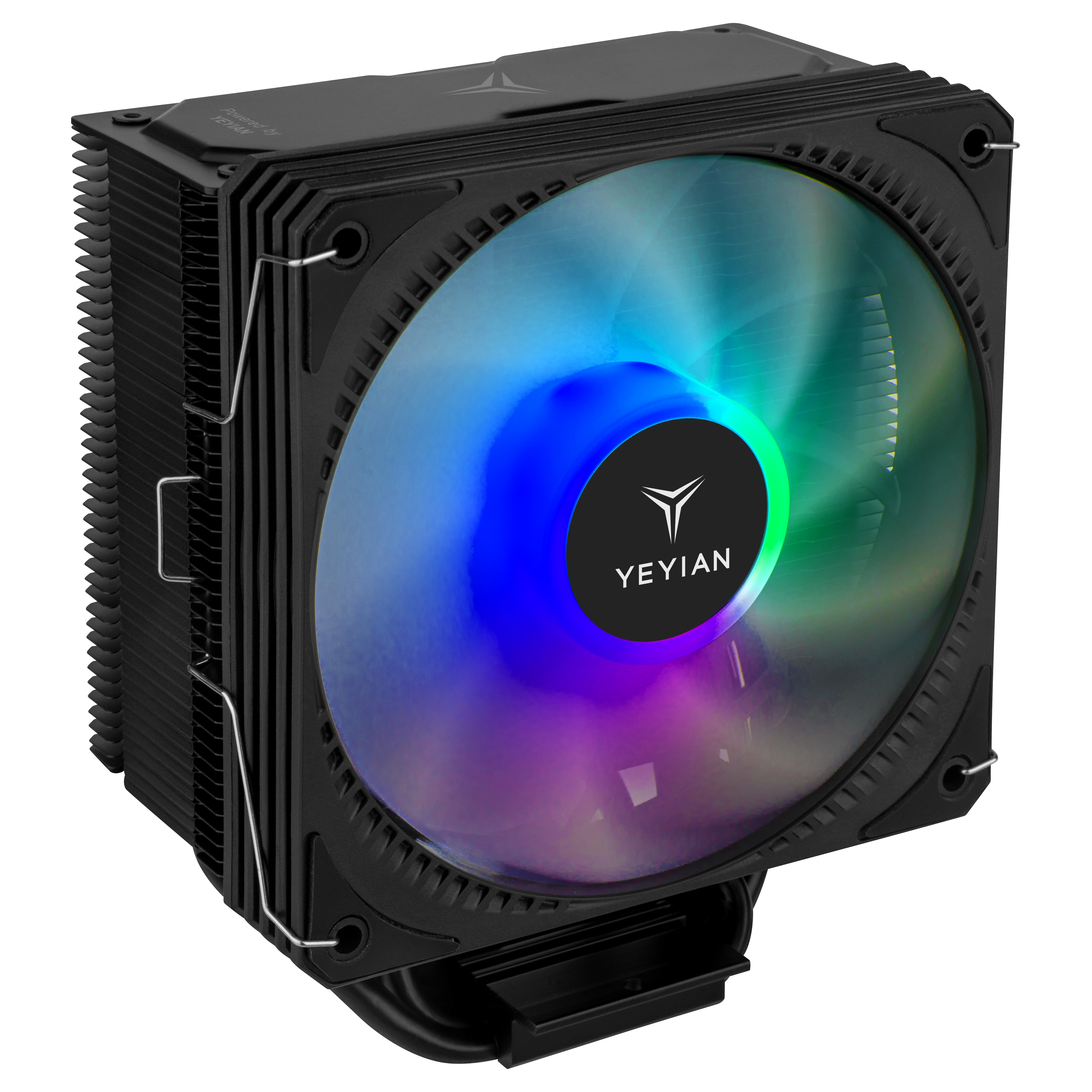 Enfriador de CPU de computadora negro con un ventilador colorido. El enfriador tiene aletas y un logotipo YEYIAN.