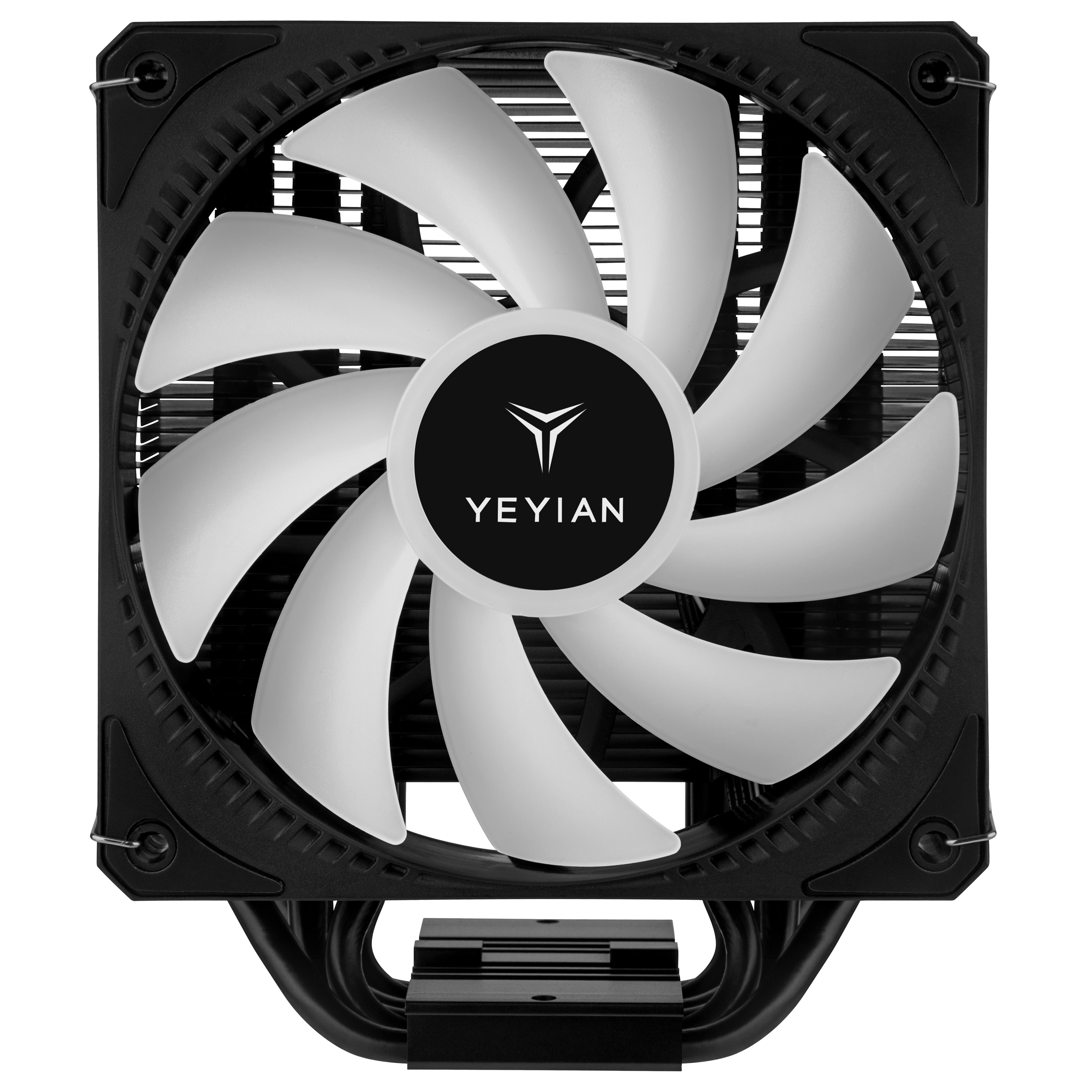 Ventilador de computadora con aspas blancas y marco negro.