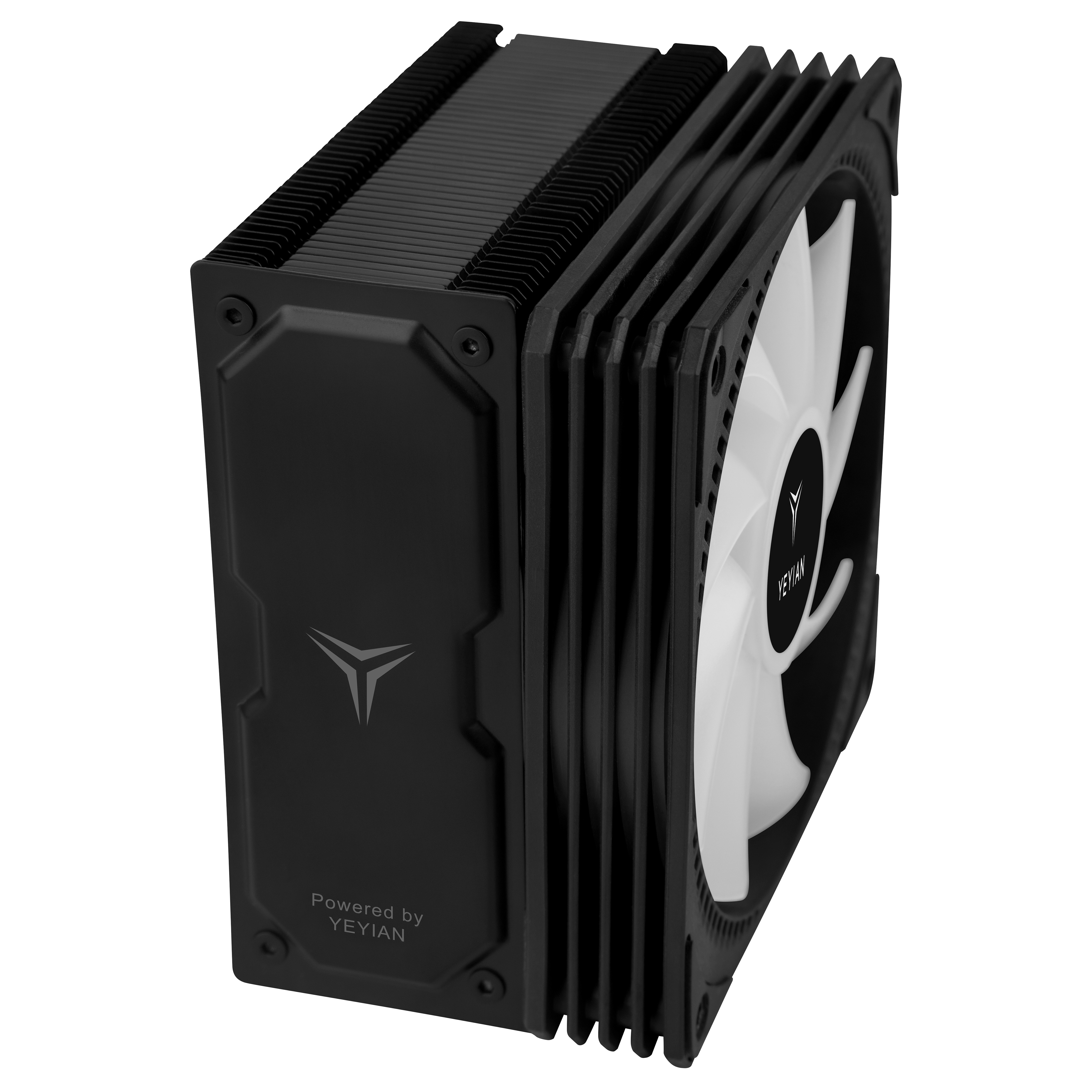 Enfriador de CPU Yeyian negro con un ventilador blanco y aletas de disipador de calor negras. El logotipo y la marca son visibles.