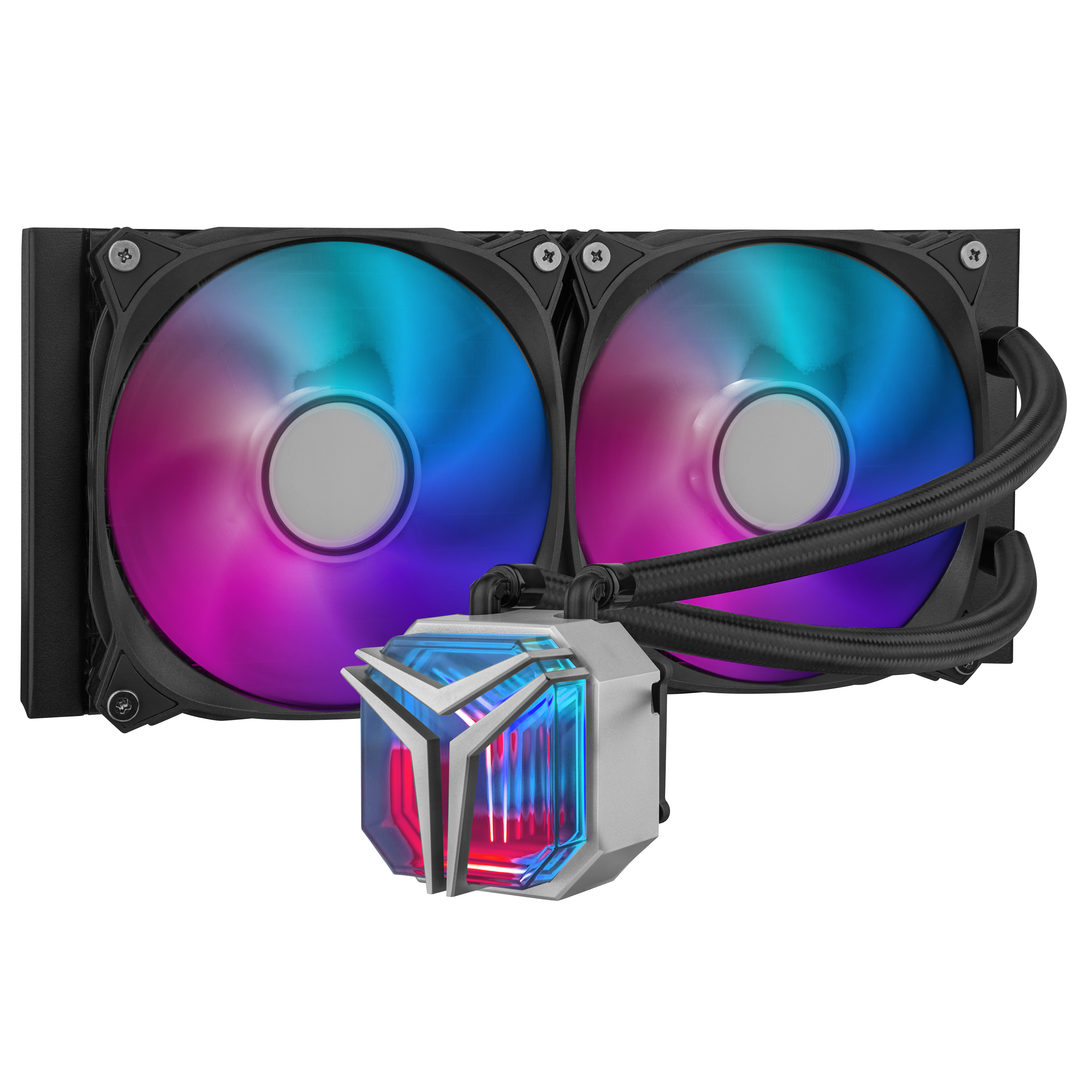 Un enfriador líquido para PC. Dos ventiladores con luces coloridas, una unidad central con un logotipo y tubos.