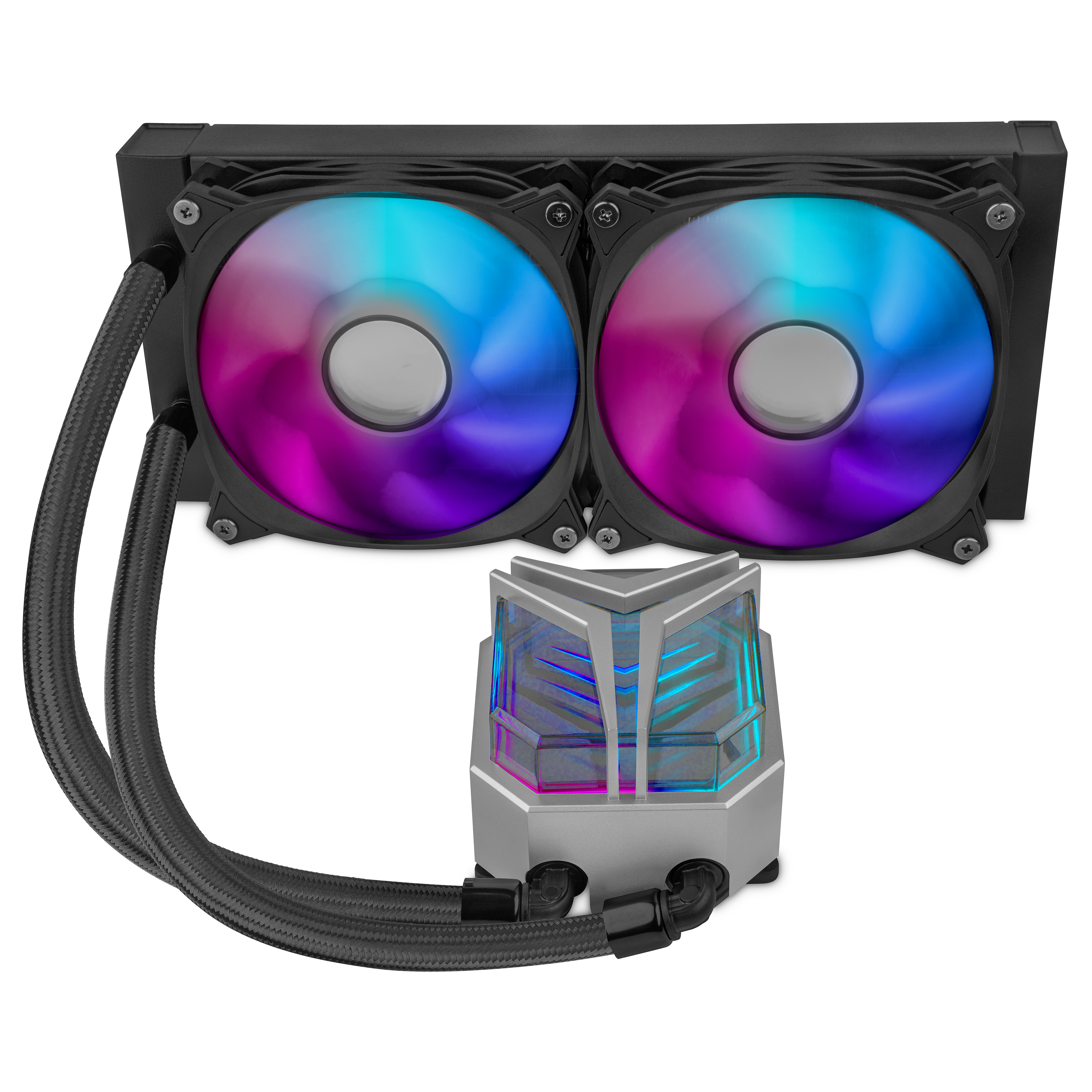 Sistema de refrigeración para ordenador con dos ventiladores y un refrigerador central con tubos.