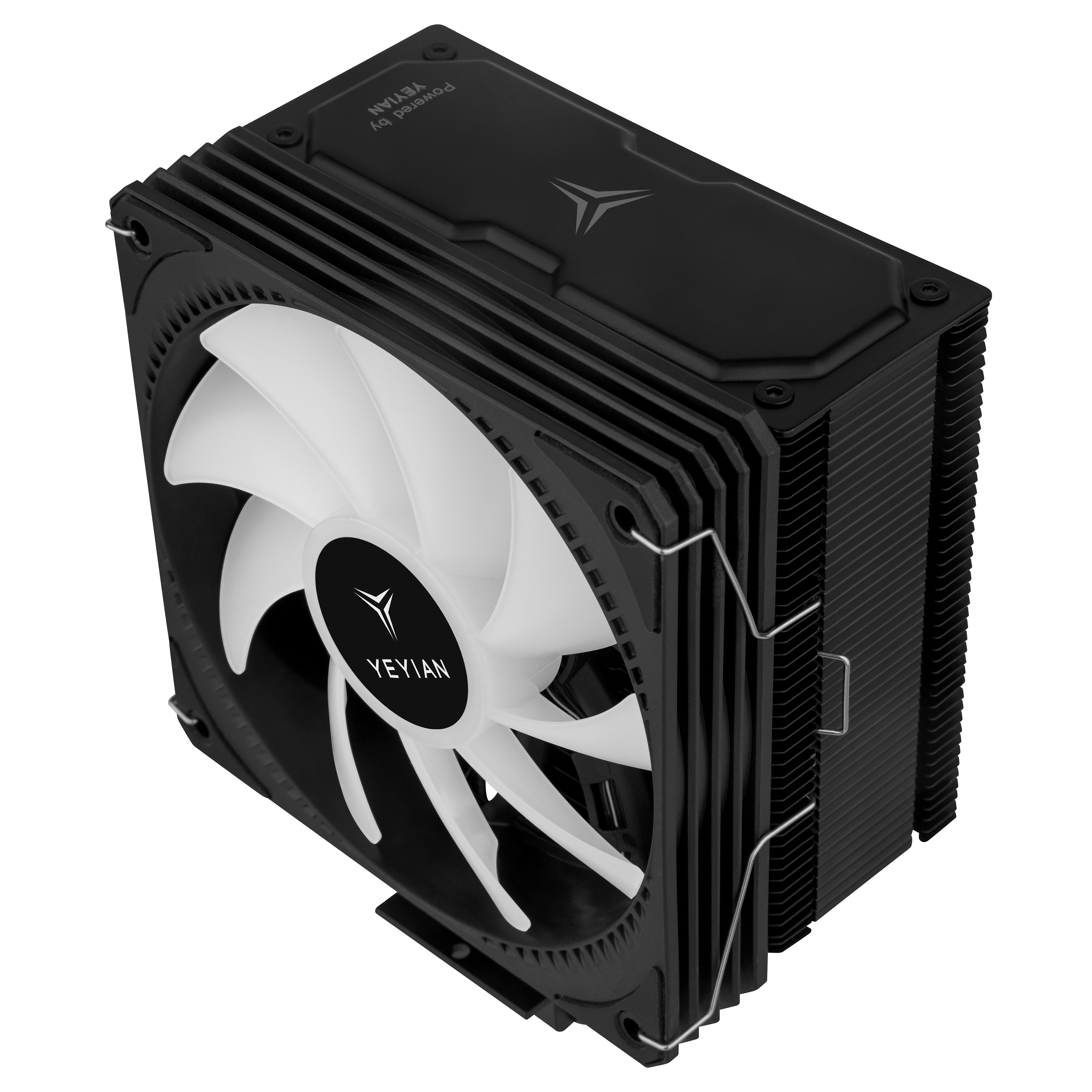 Enfriador de computadora negro con un ventilador blanco. Tiene una parte superior negra y aletas metálicas.