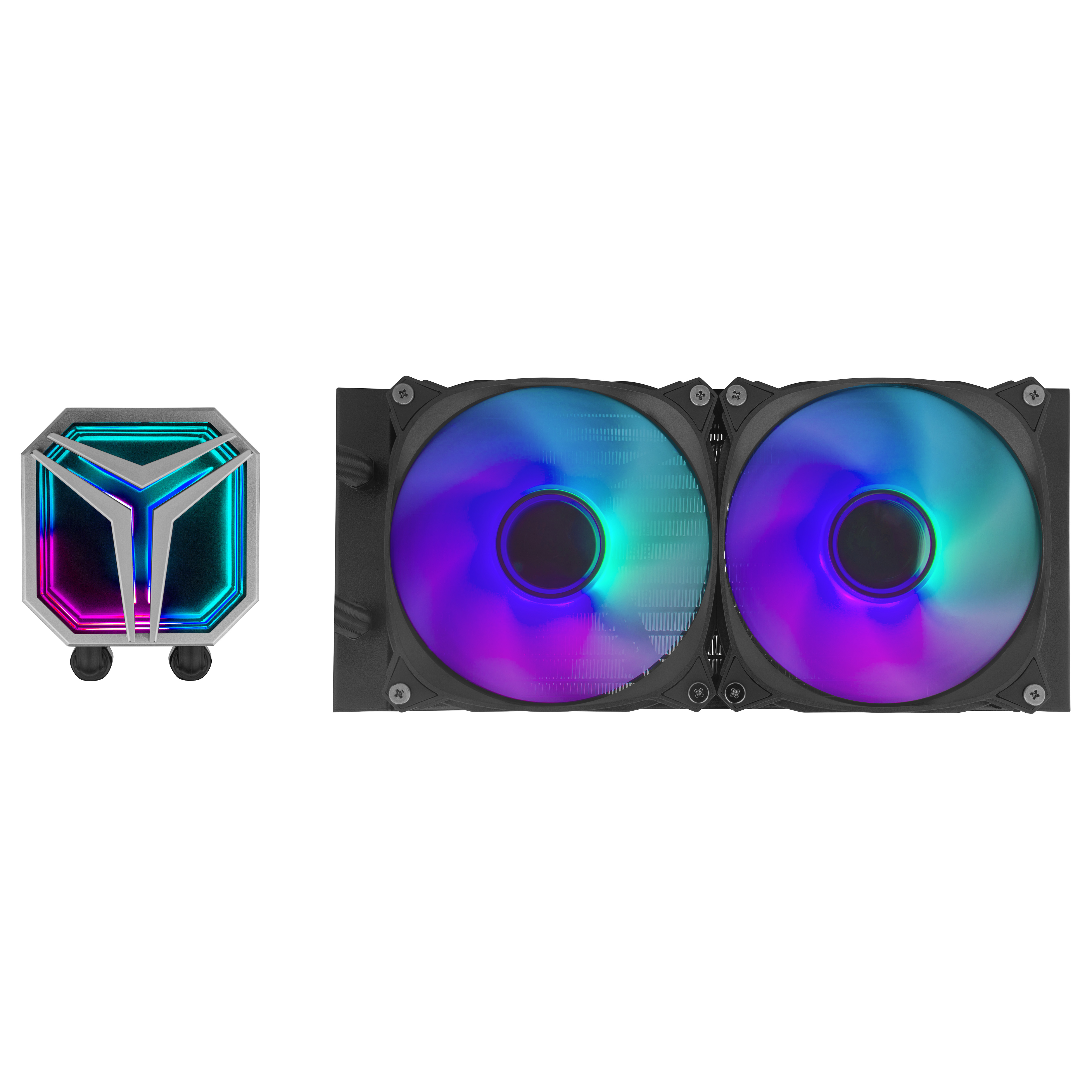 Un enfriador de computadora con dos ventiladores y un cubo, con iluminación RGB, contra un fondo blanco.