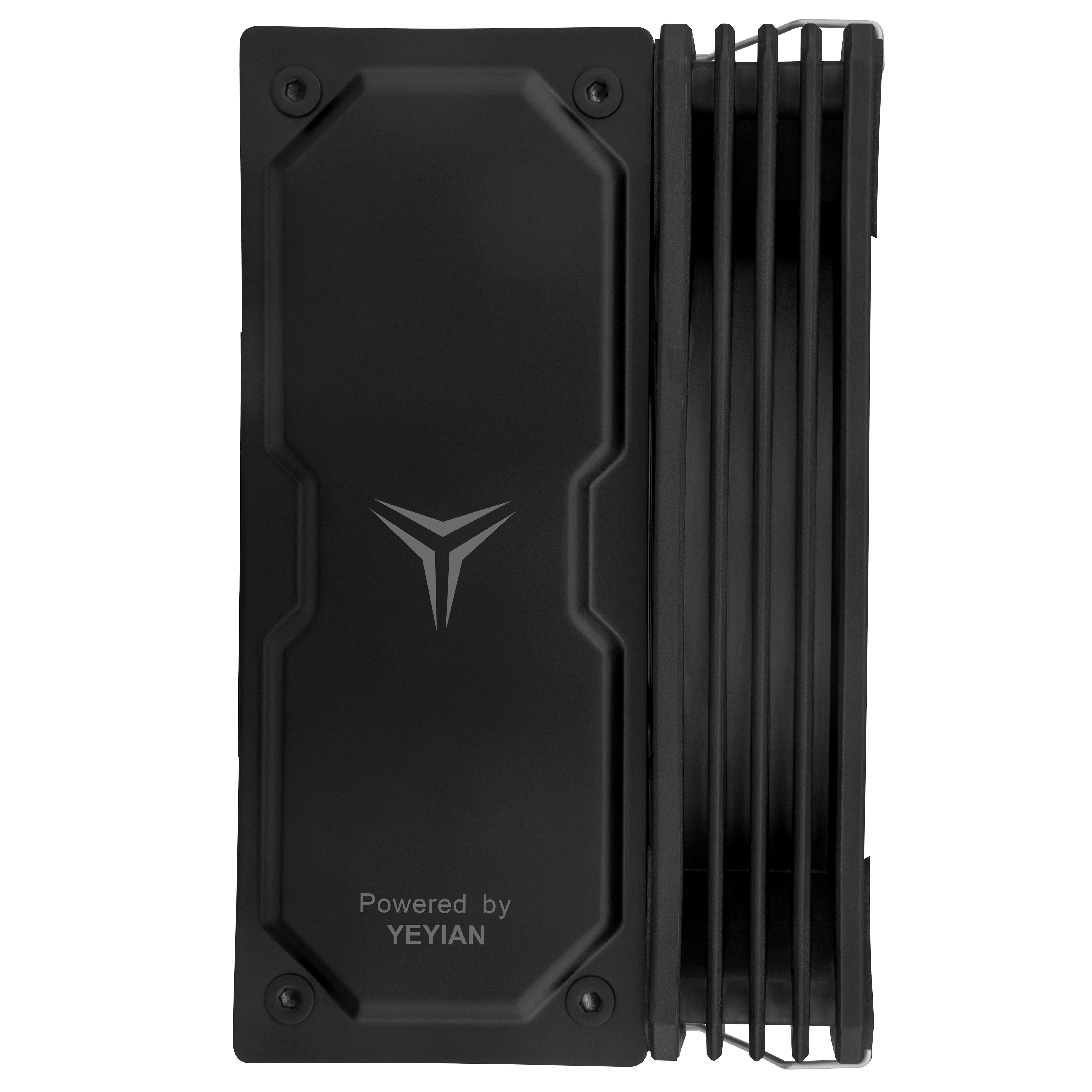 Dispositivo negro y rectangular de la marca YEIVAN con un ventilador en el lado derecho y tornillos a la izquierda.