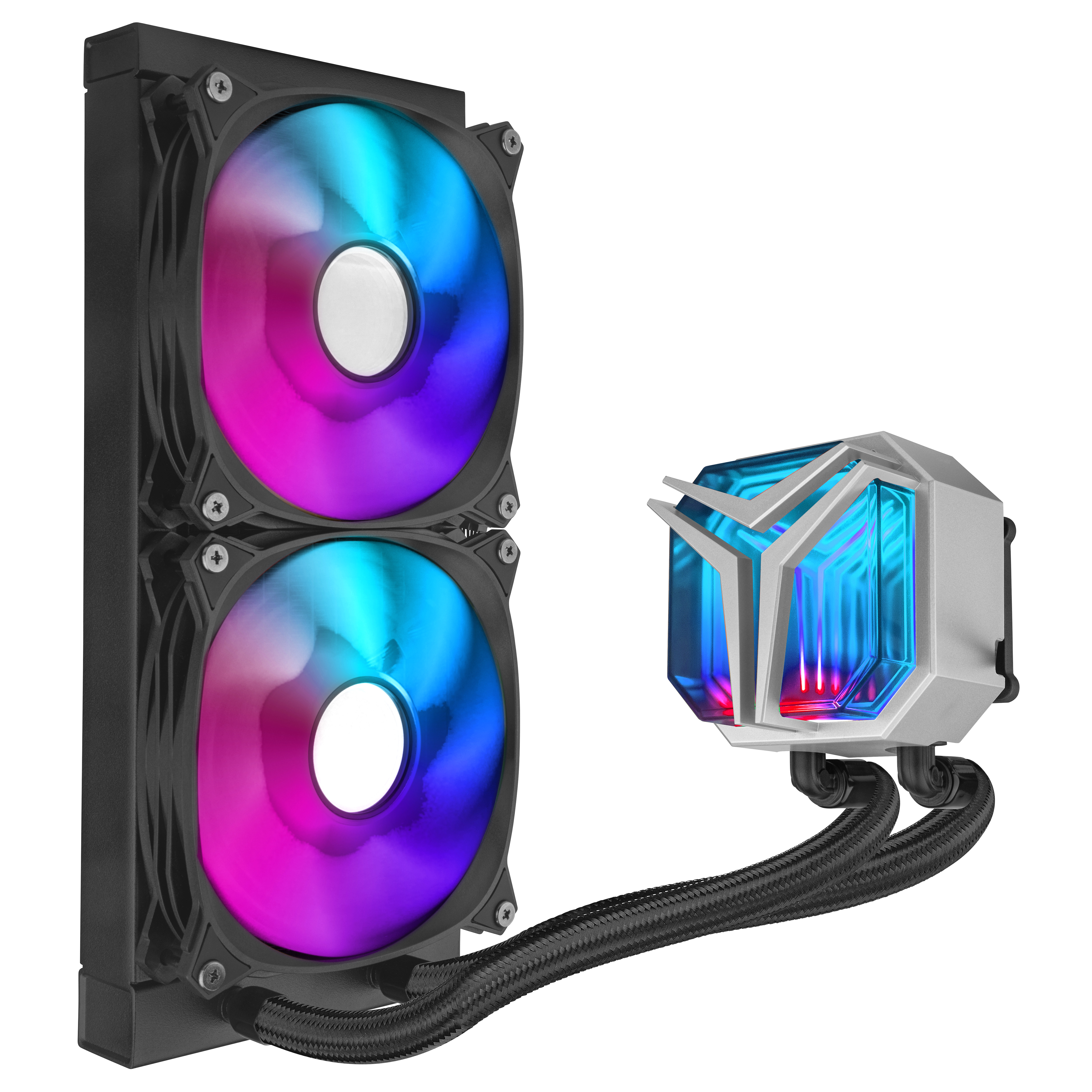 Sistema de refrigeración de ordenador con dos ventiladores y un bloque de agua. Iluminación colorida.