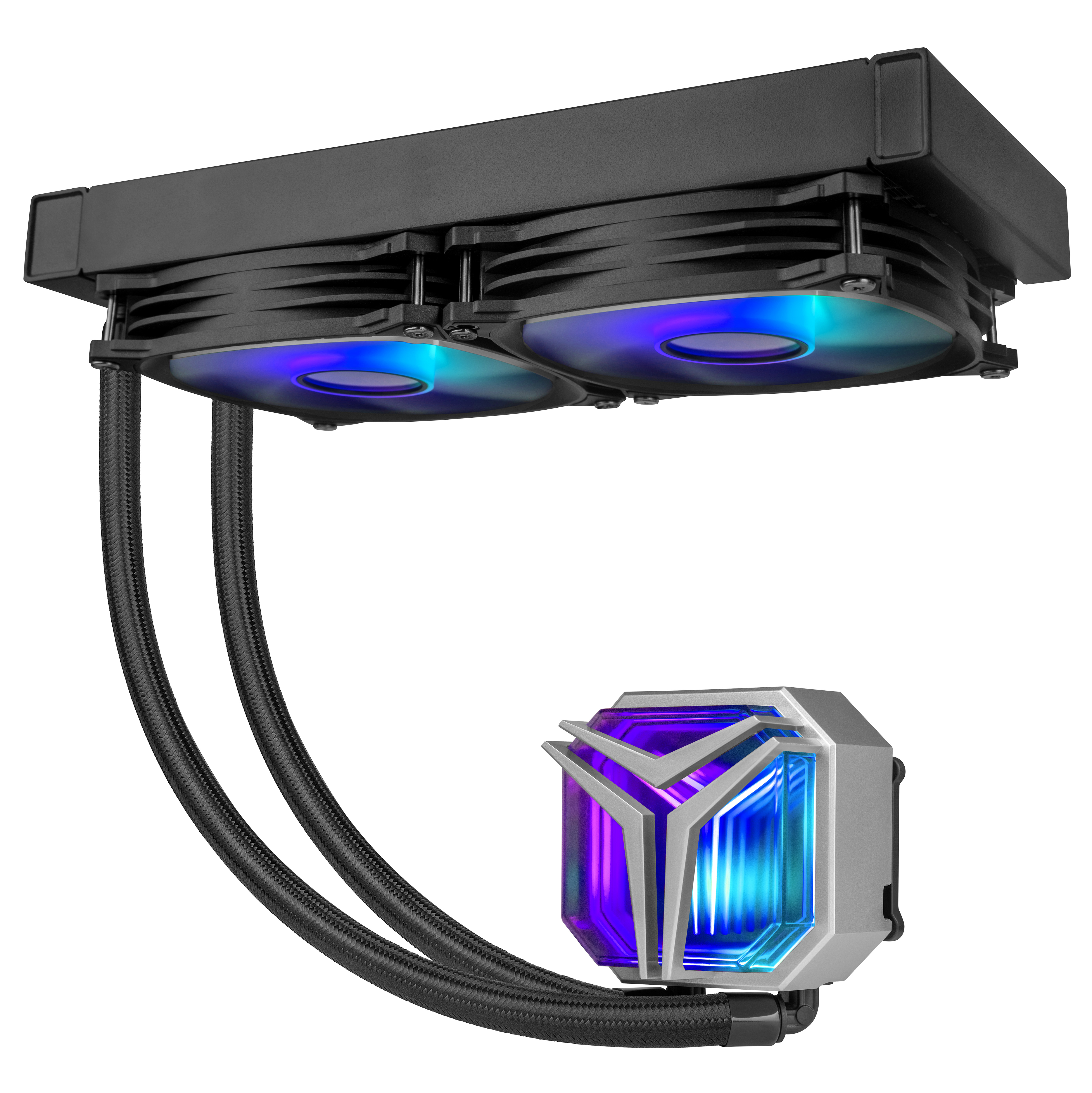 Un refrigerador líquido para computadora con dos ventiladores y un bloque central con luces de colores.