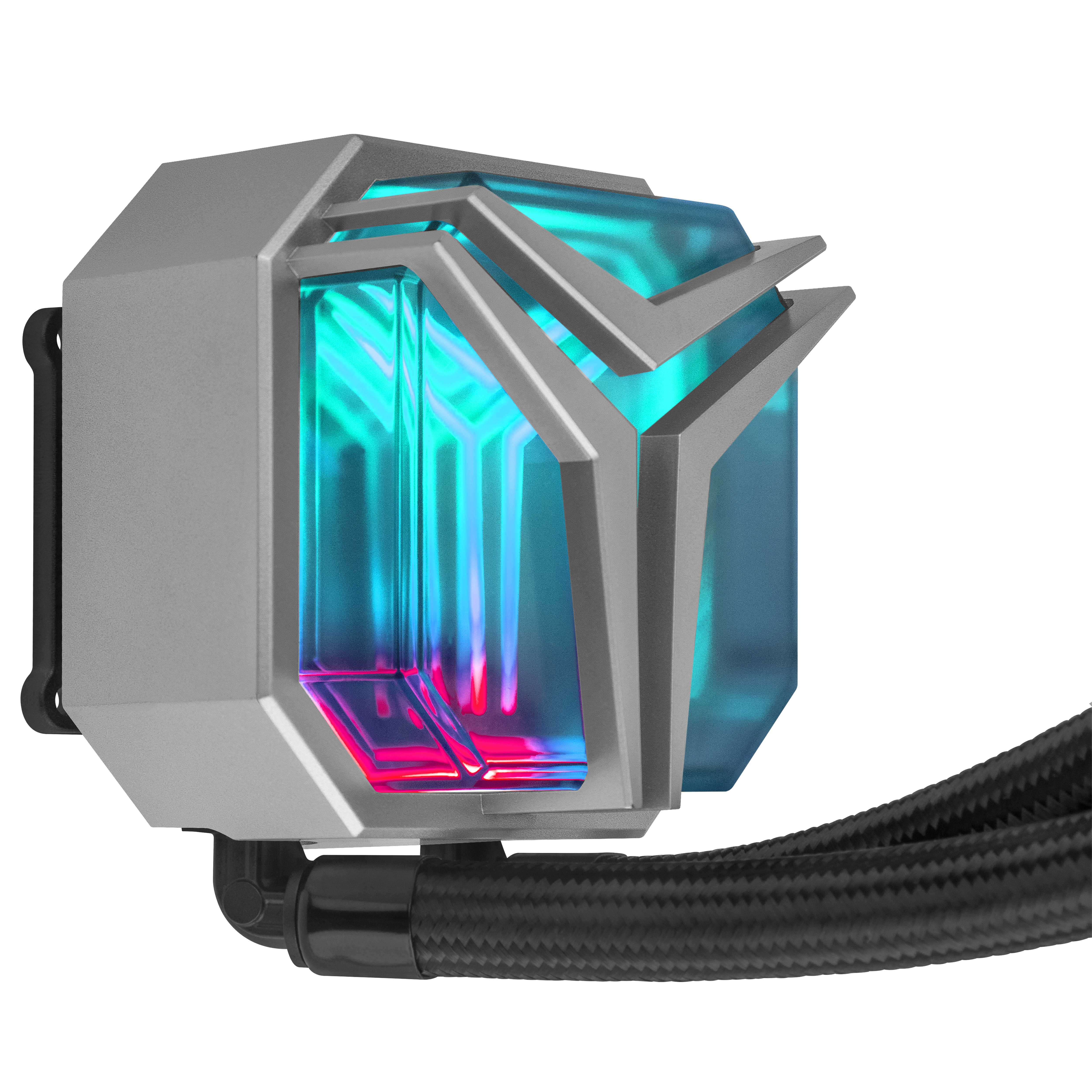 Un enfriador de computadora con marco plateado y luces coloridas.