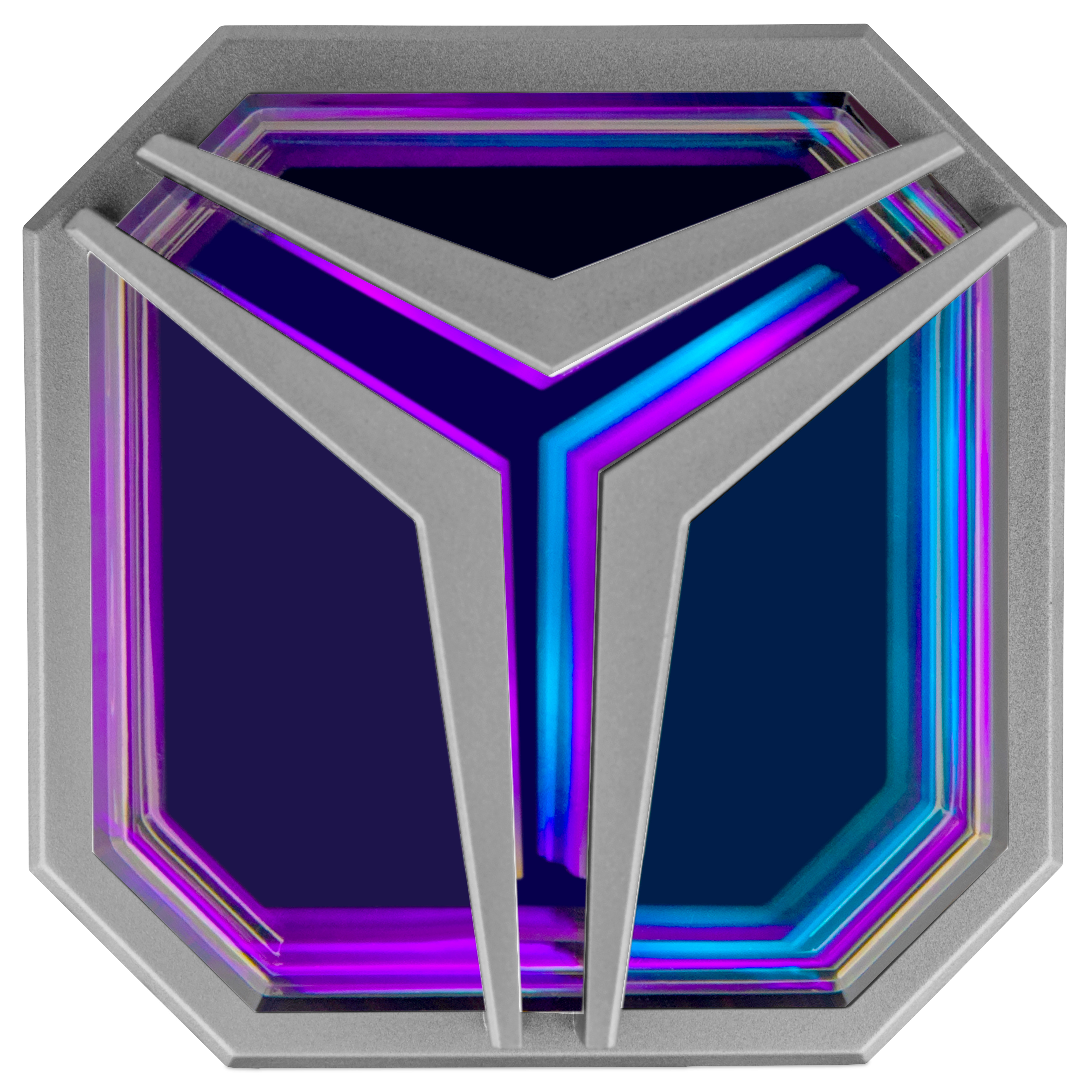 Componente de computadora plateado y azul oscuro con diseño triangular y luces coloridas.