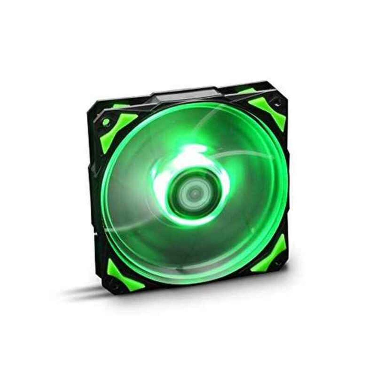 Una ventola per computer nera e verde, illuminata da una luce verde brillante.