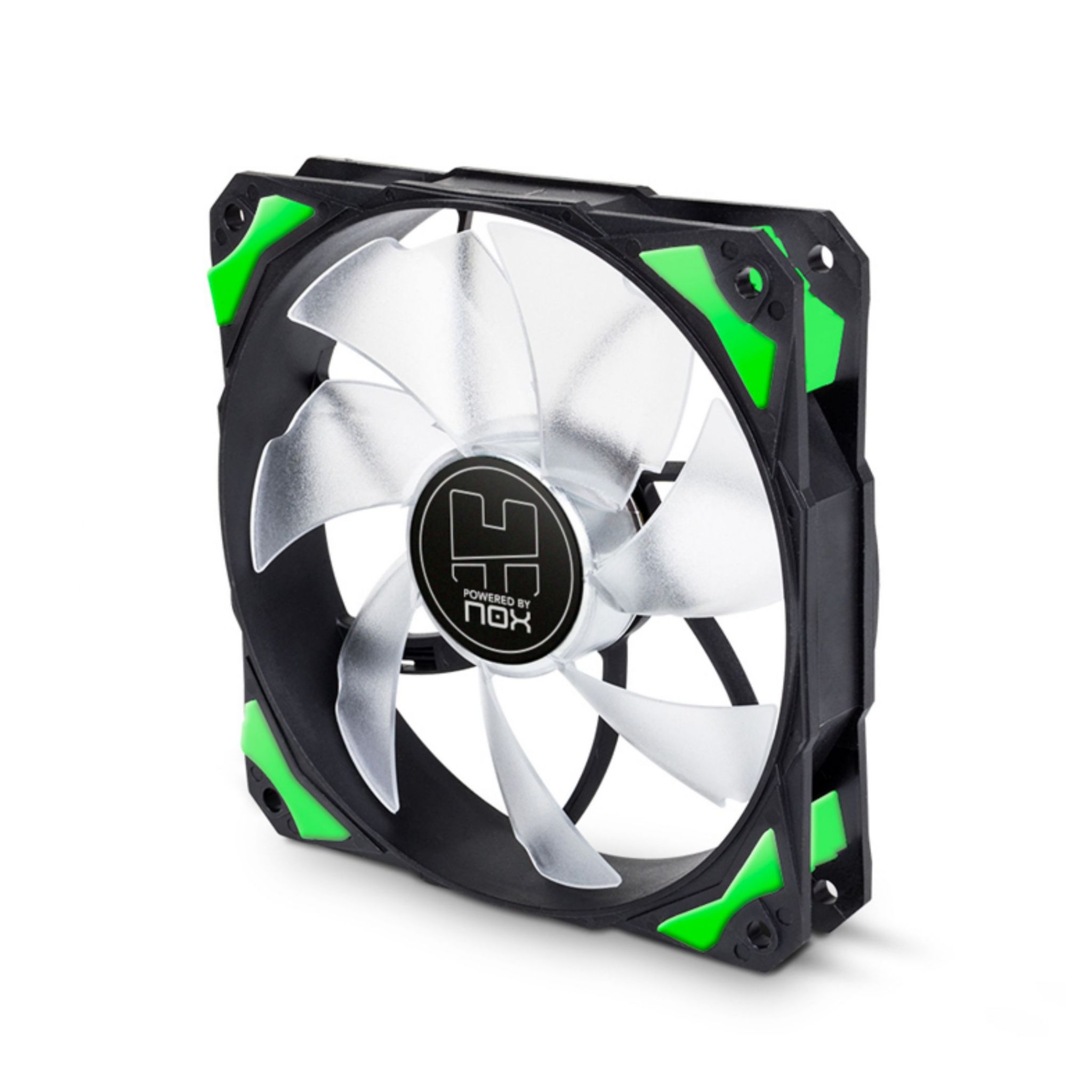 Ventola PC con cornice nera, dettagli verdi e pale trasparenti.