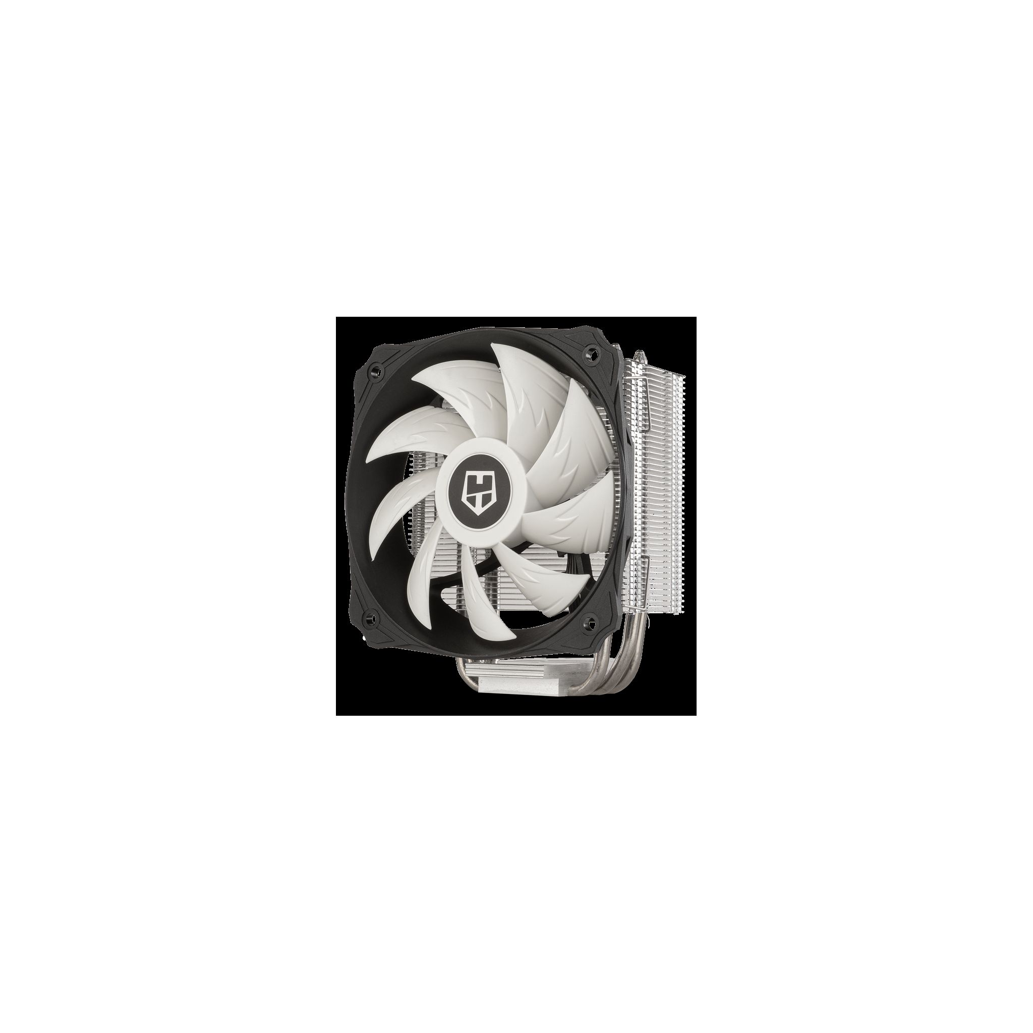 Een computerventilator met een wit blad en een zwart frame, tegen een witte achtergrond.