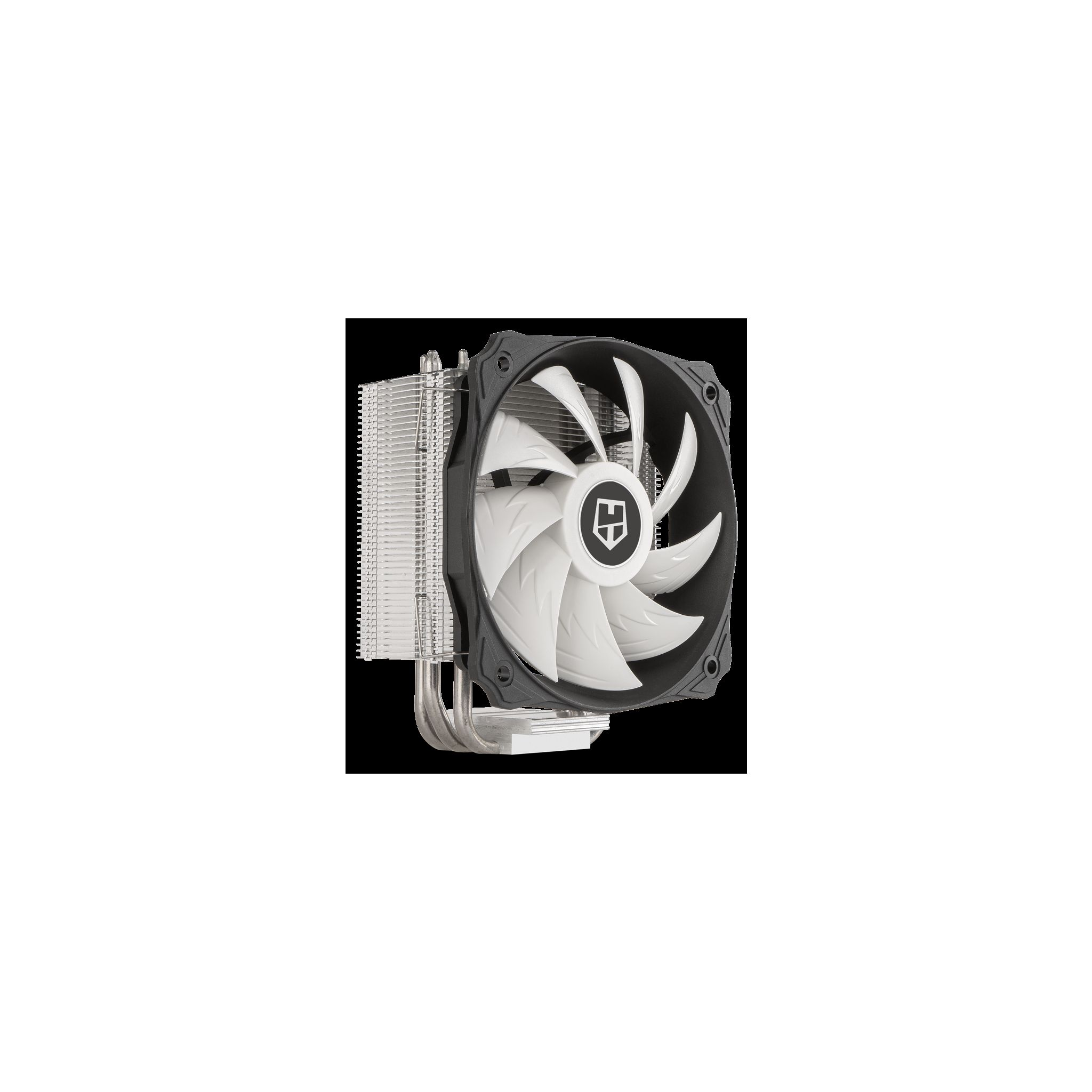 Zwarte CPU-koeler met een grote ventilator en koelribben. Witte bladen, zwart frame.
