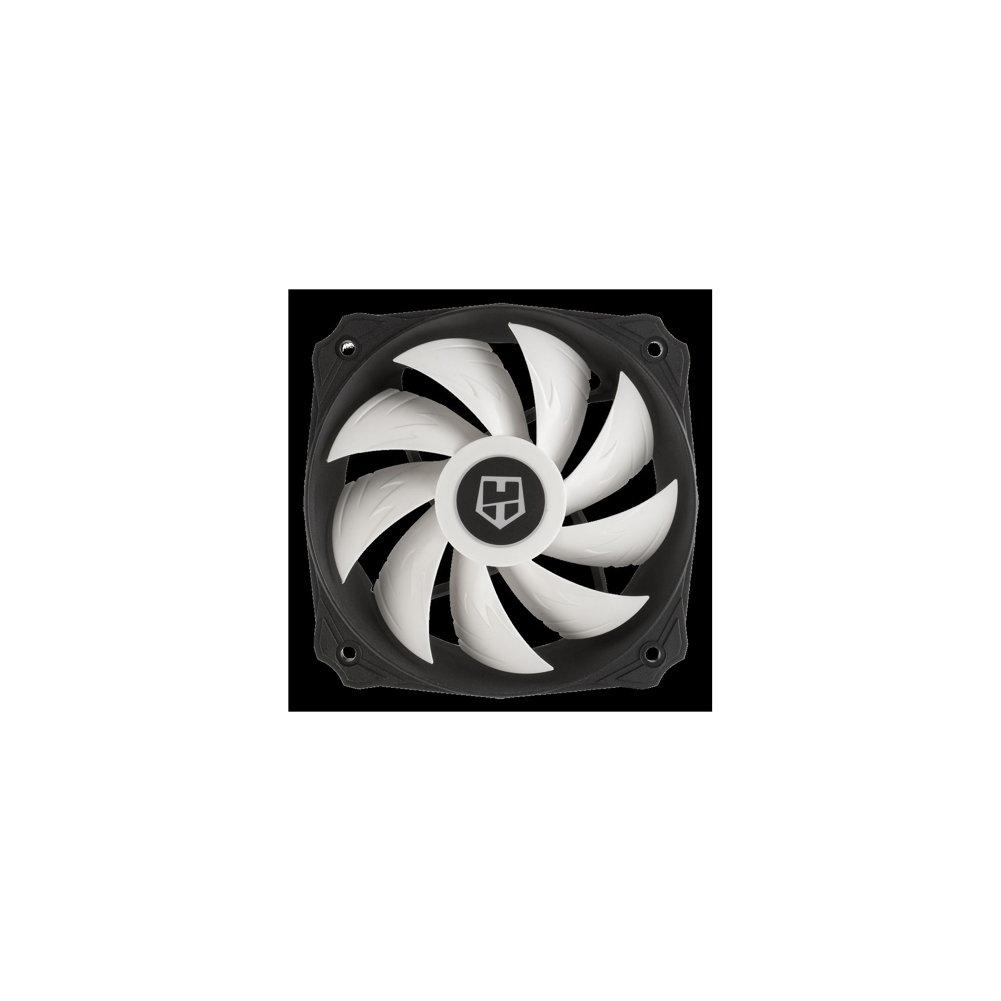 Een zwarte computerventilator met witte bladen en een logo in het midden, op een witte achtergrond.