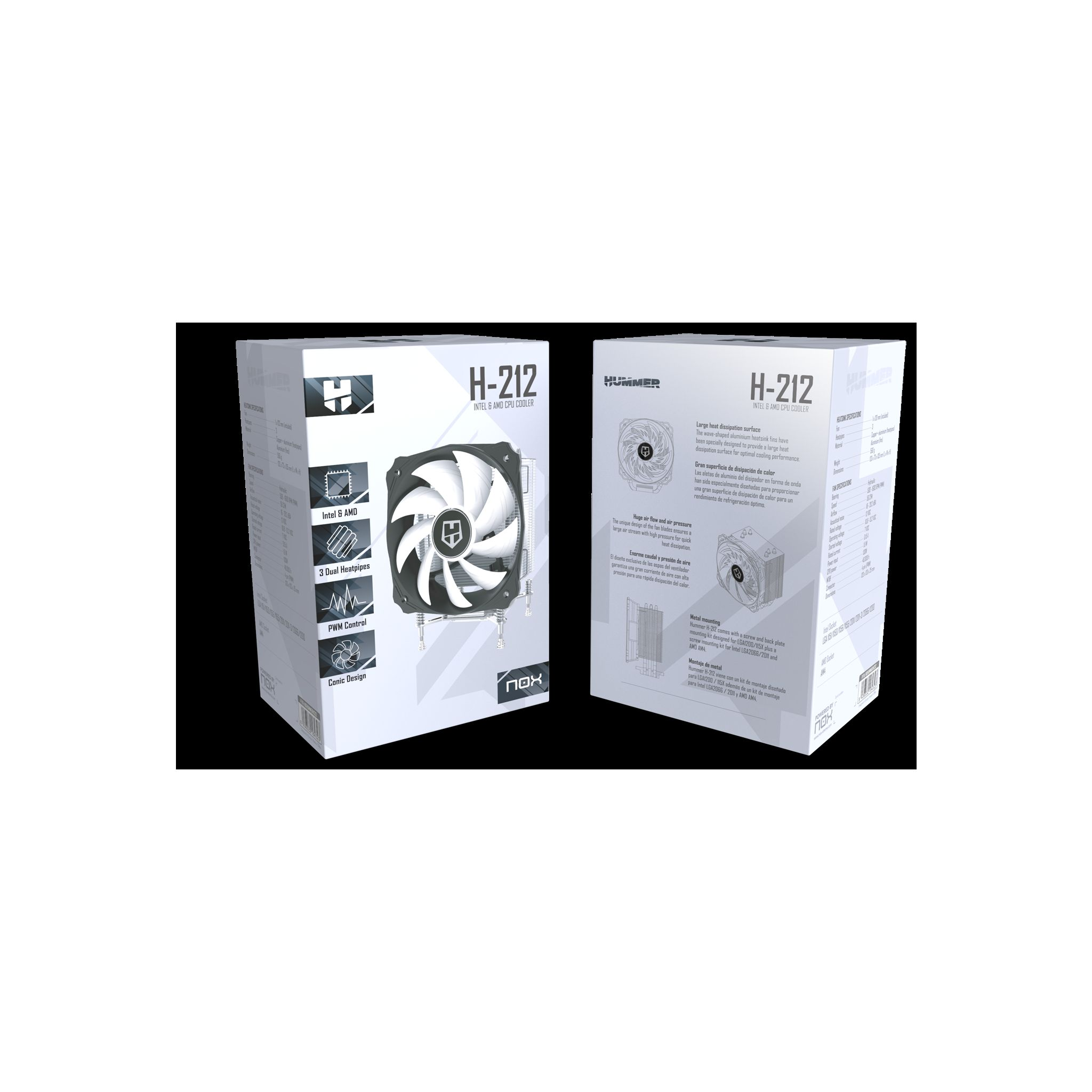 Twee zijden van een zwart-witte doos. De voorkant toont een ventilator en de tekst: H-212.