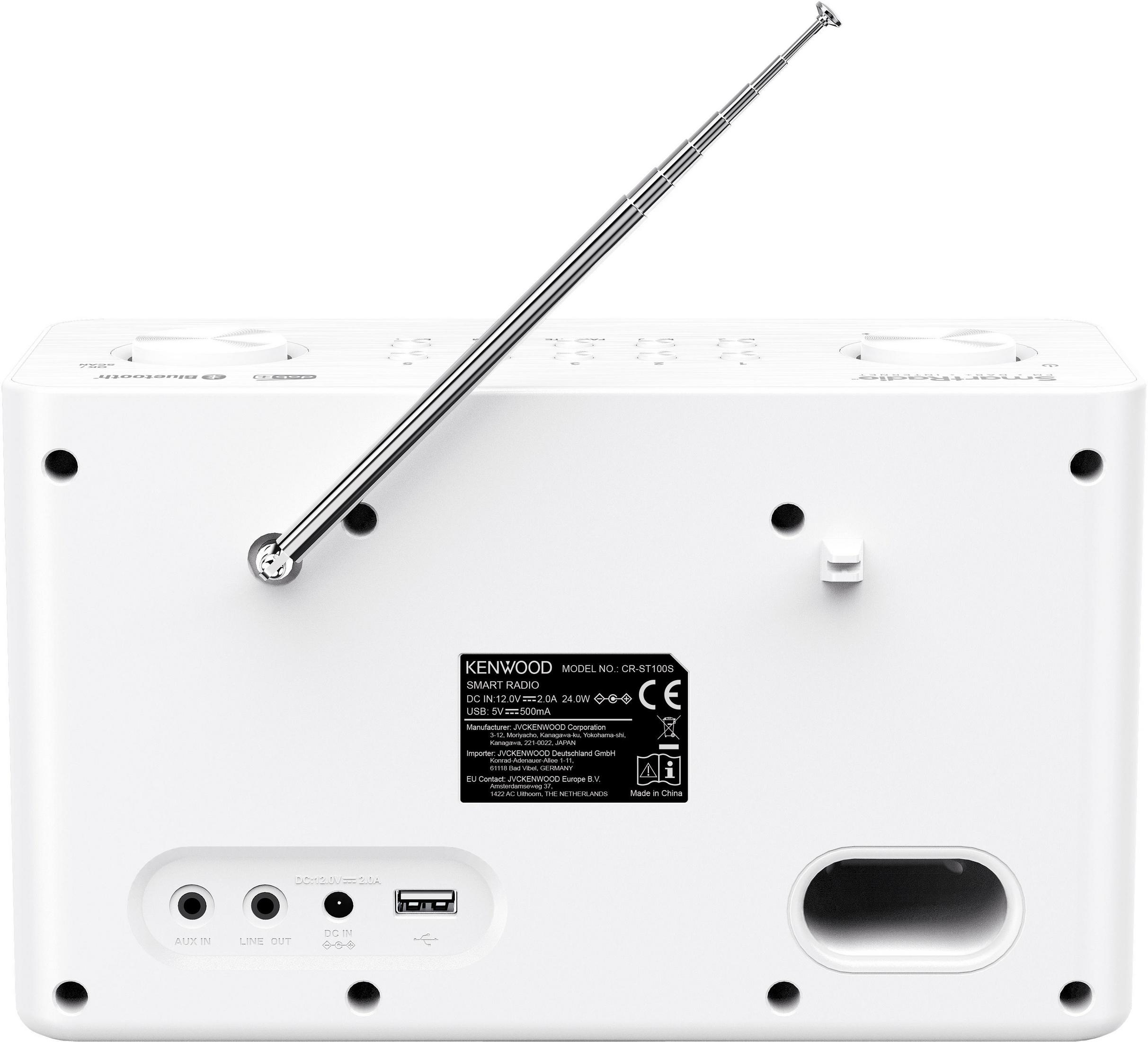Białe radio Kenwood smart z anteną i portami połączeniowymi.