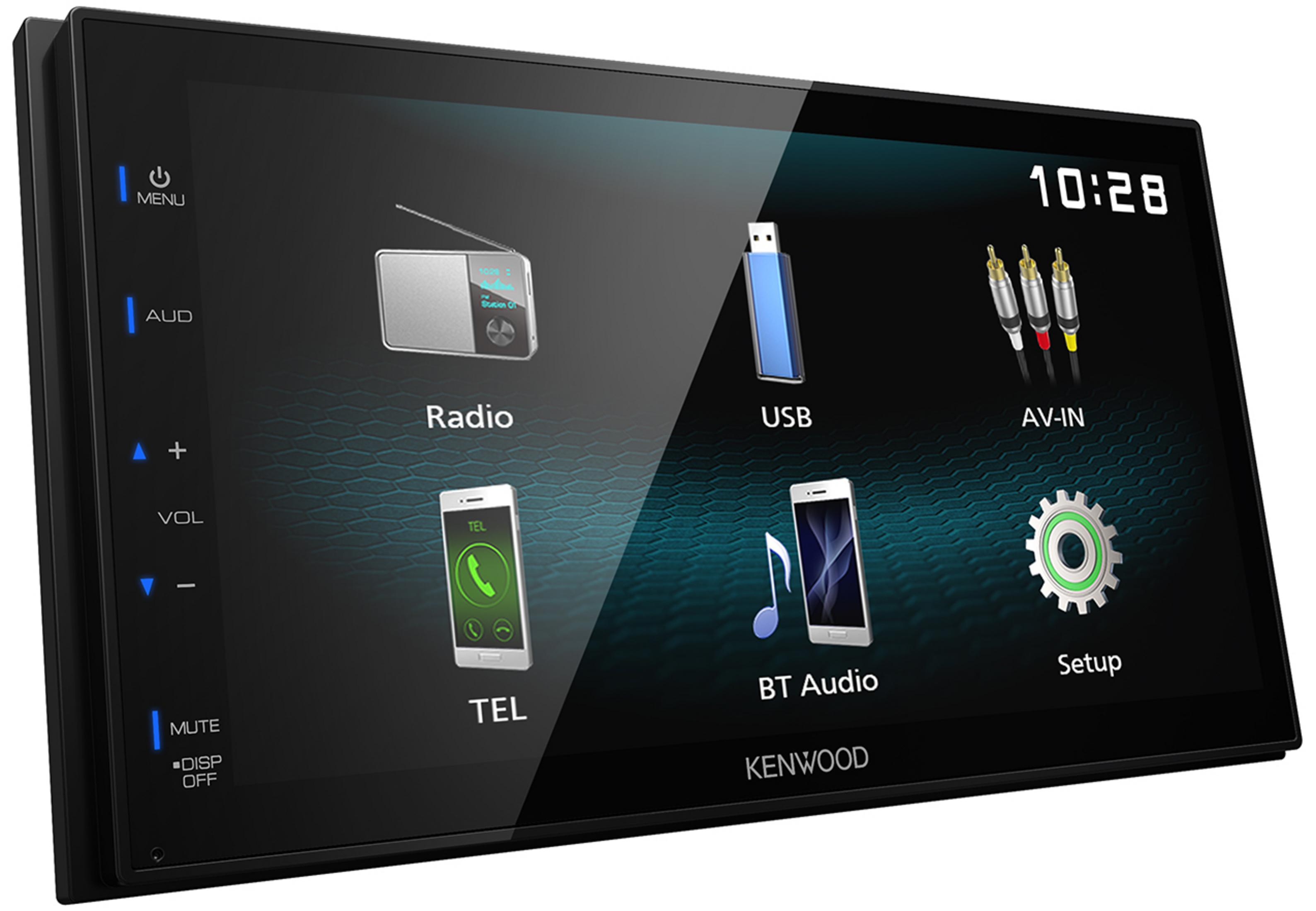 Auto-Multimedia-Bildschirm mit Symbolen für Radio, USB, AV-IN, Telefon, BT-Audio und Einrichtung.