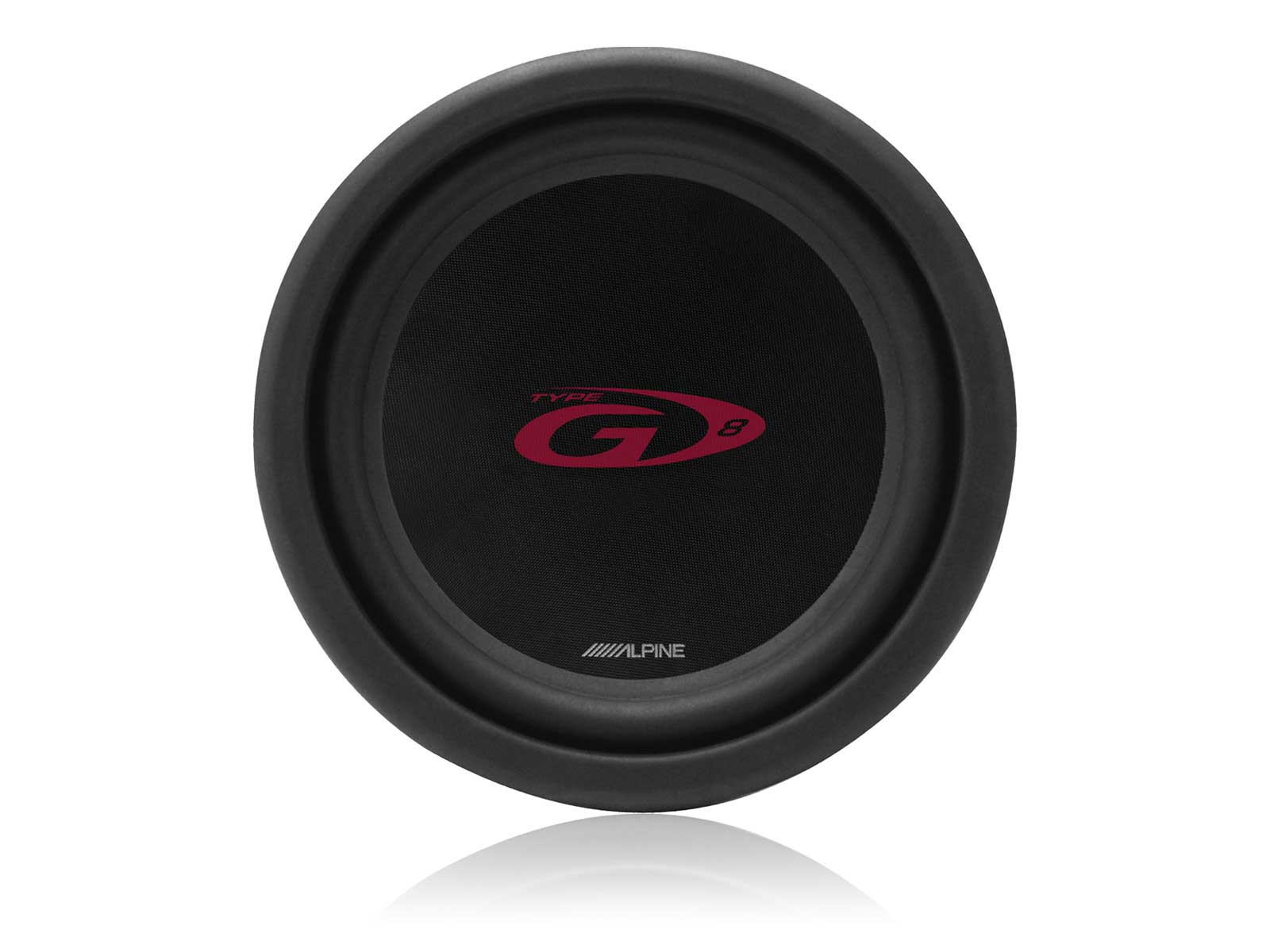 Schwarzer Alpine Type G8 Subwoofer-Lautsprecher. Rotes G8-Logo auf dem schwarzen Mesh, schwarzer Rahmen.