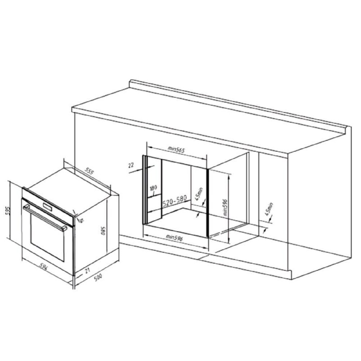 Diagramm von Backofen und Schrank. Zeigt Maße und Abmessungen. Weißer Hintergrund.