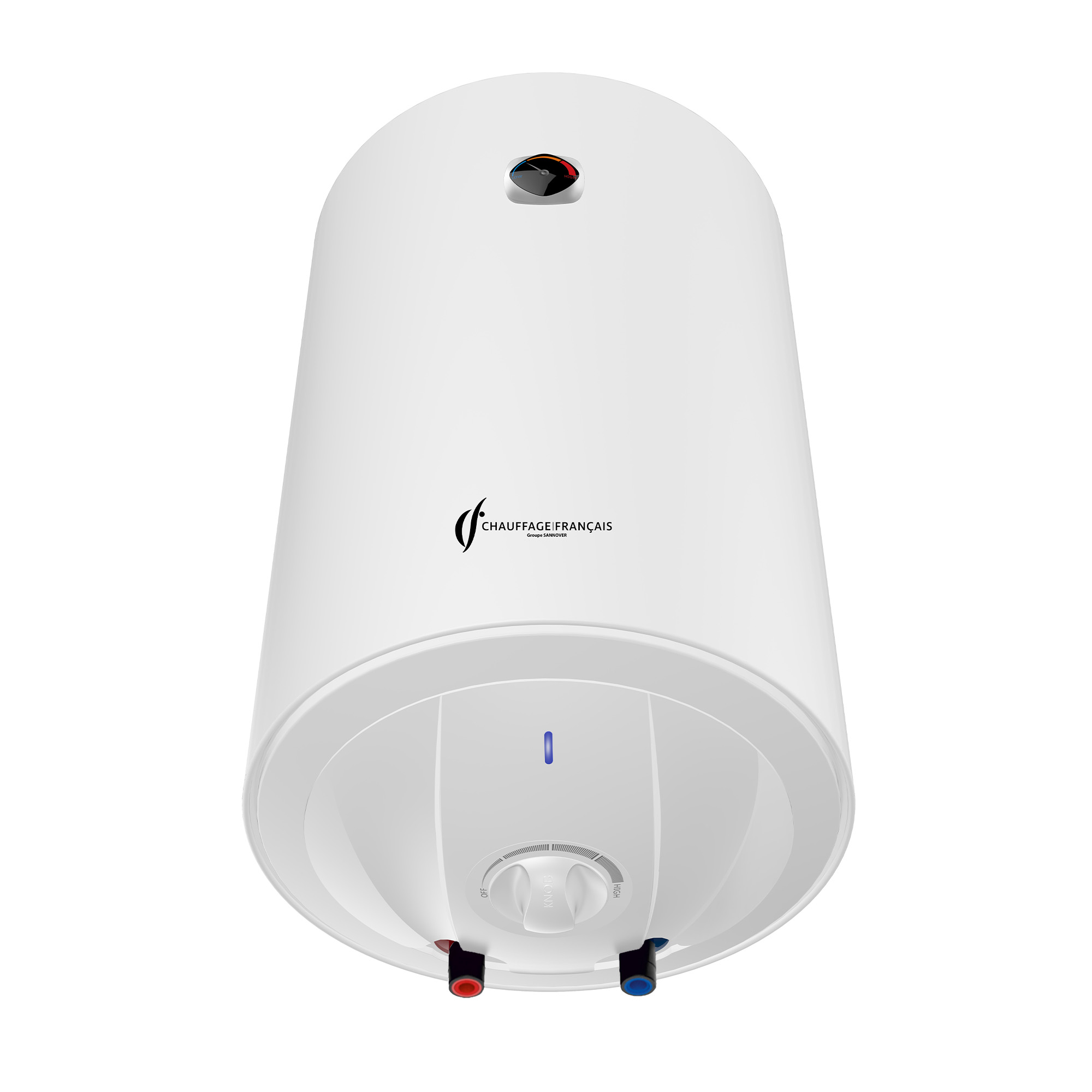 Witte boiler met rode en blauwe buizen, een zwart logo en blauw licht.