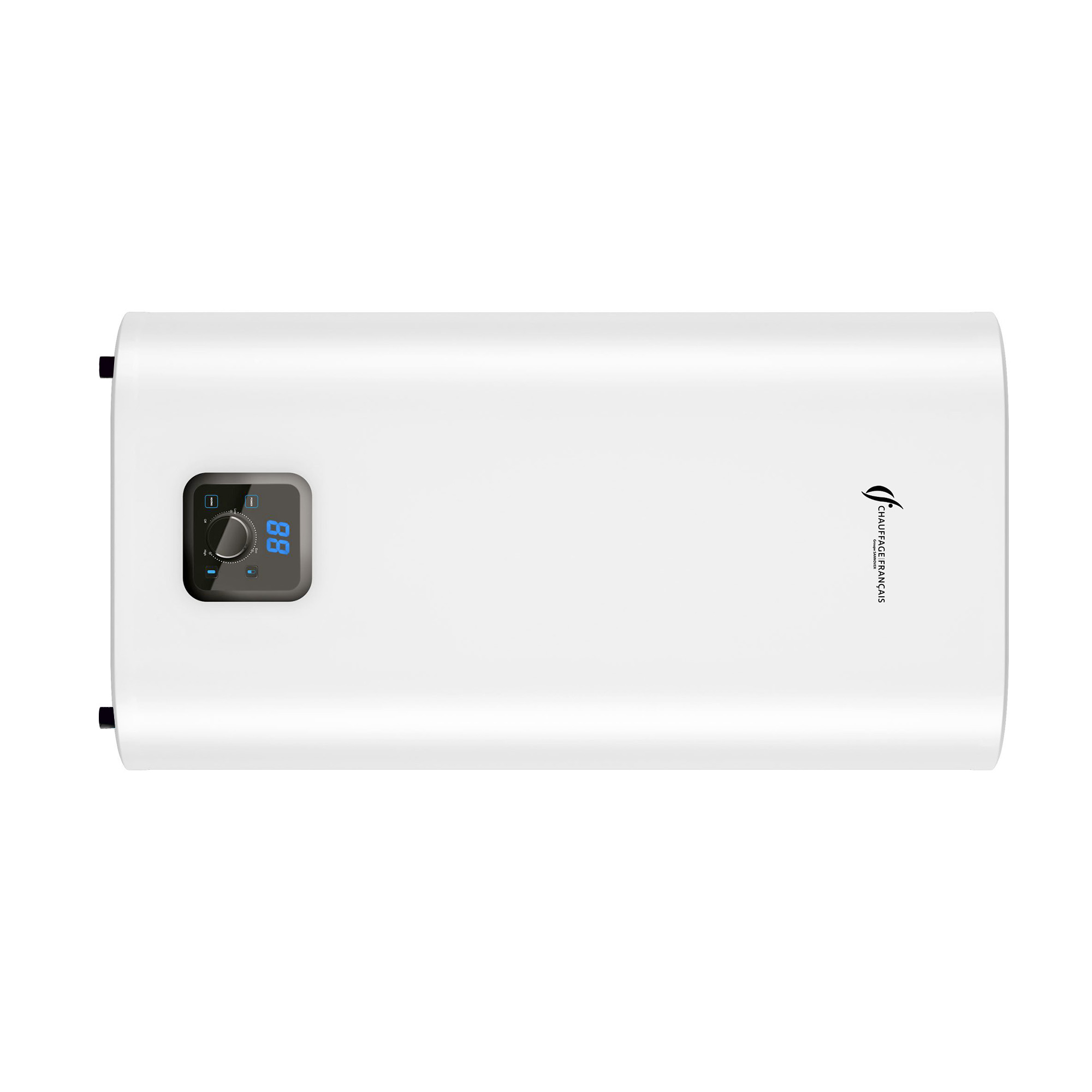 Een witte aan de muur gemonteerde boiler met een digitaal display en de merknaam.