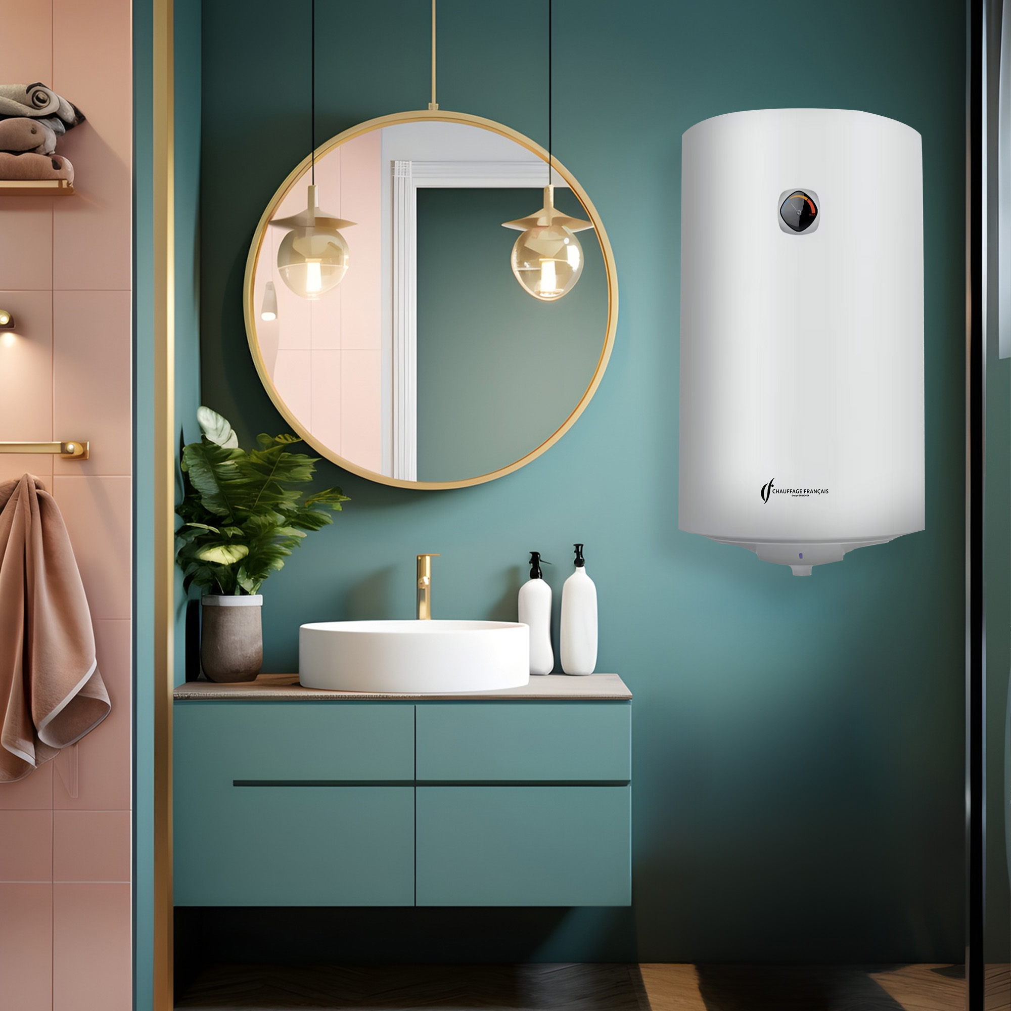Moderne badkamer met spiegel, wastafel en wandwaterverwarmer. Groene en roze decoratie.
